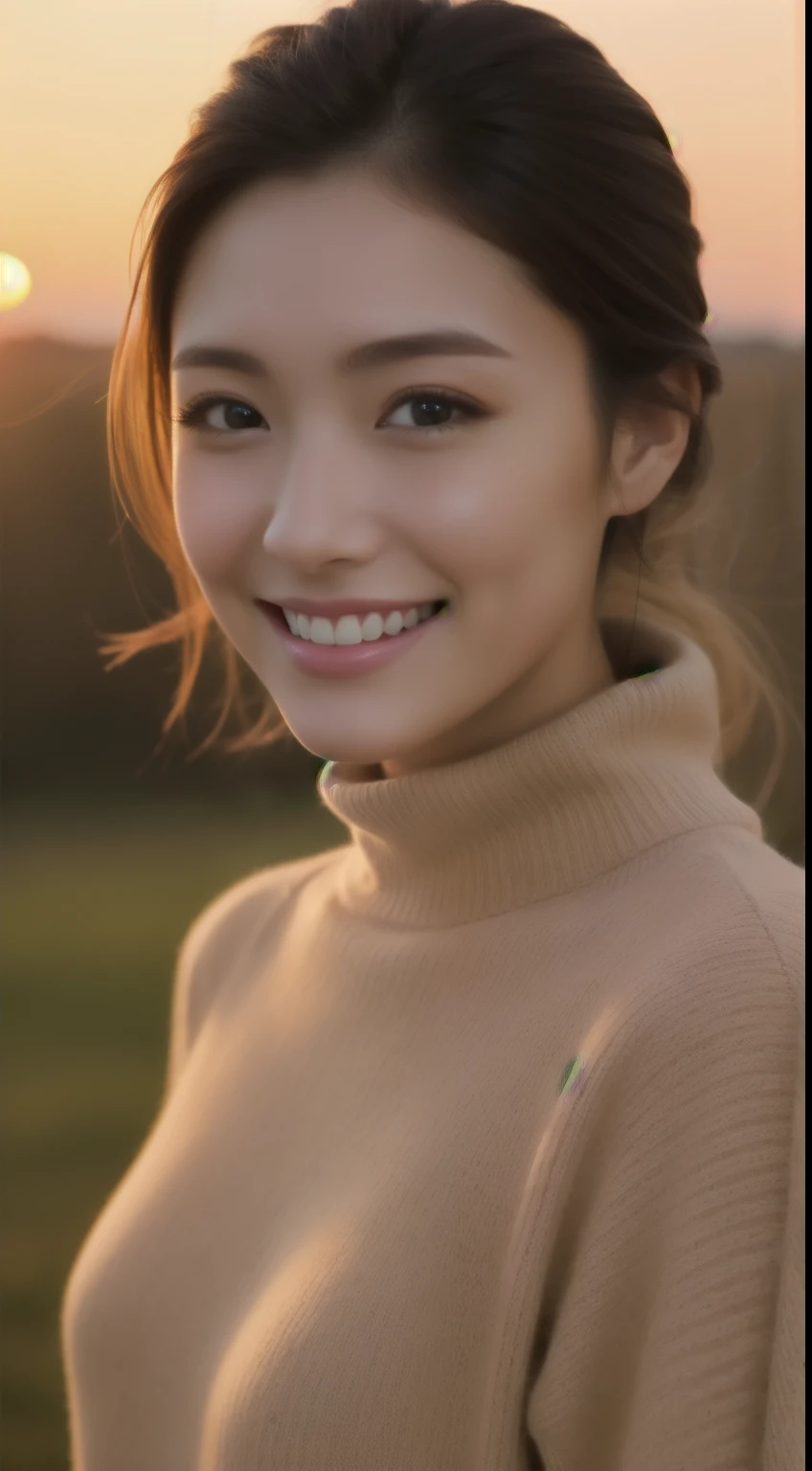 The face is a hostess、turtleneck sweater、high quality、surreal、healthy、smiling face、Slender perfect figure、Japanese beauty、beautiful eyes、perfect face、beautiful skin、sunset、big