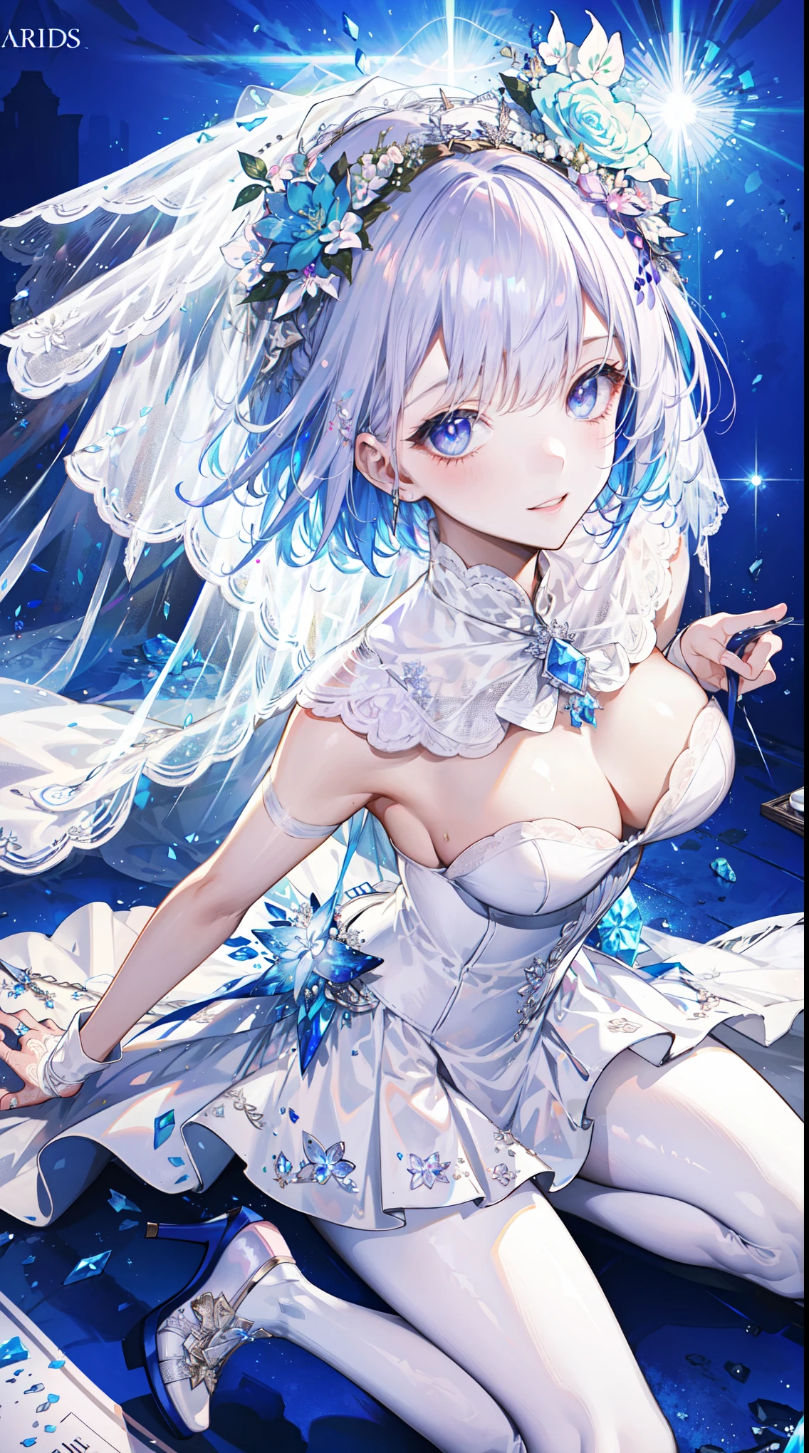 (best quality)+,(on the table)++,(Super detailed)++, Masterpiece Top Quality Super Fine Illustration High Detail Lighting Perfect Lighting, (1 bride:1.3),, First class female body, Perfect body, beautiful breasts, View from the front, from above, delicate luster, Beautiful and delicate eyes, cute face, beautiful lips, a girl surrounded by crystals, blue eyes, Beautiful light purple hair, Beautiful iridescent eyes, Beautiful long and tousled hair, Sexy brides,Sexy wedding dress, Glow effect lens flare lotion gloss shine holy light background sunlight, White,silver high heels, looking at the audience,