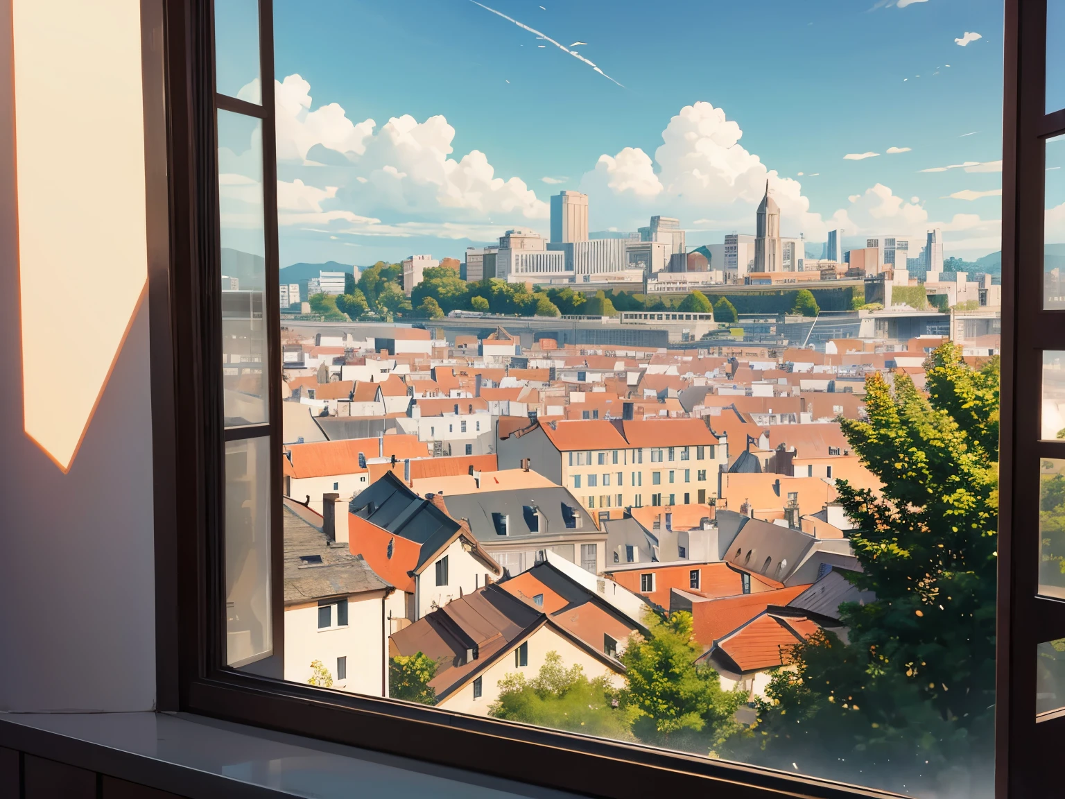 skyline of Lyon,  houses rising on a hillside seen through a window