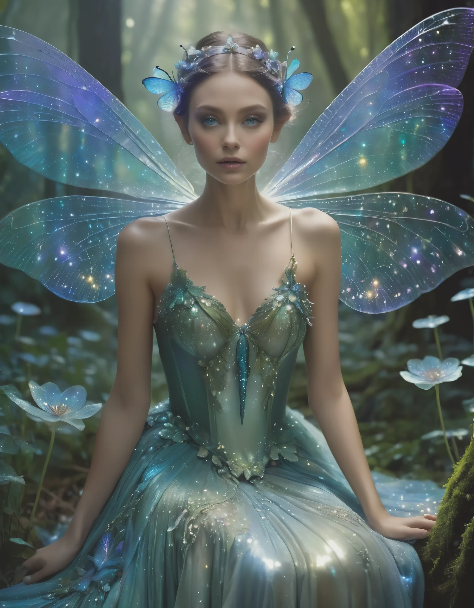 A woman with short curly hair, dressed in a flowing fantasy gown, sitting in an enchanted forest with magical creatures and glowing flora.inf