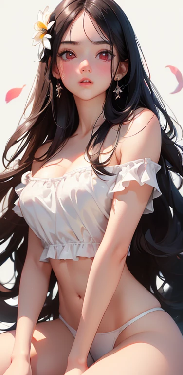 (8K、highest quality、masterpiece:1.uper detailed、super resolution、Realistic、(1girl) 、(black hair)、long hair,straight hair,red eyes、forehead,sit,(face focus,cowboy shot),(white tube top white pantlear face:1.3),cute face,blush、large breasts,(siower background),