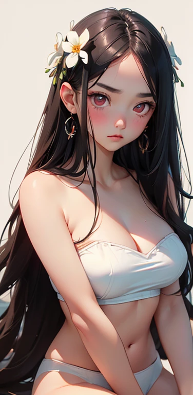 (8K、highest quality、masterpiece:1.2)、Super detailed、super resolution、Realistic、(1girl)  、(black hair)、long hair,straight hair,red eyes、forehead,sit,(face focus,cowboy shot),(white tube top white panties)、(clear face:1.3),cute face,blush、large breasts,(simple flower background),