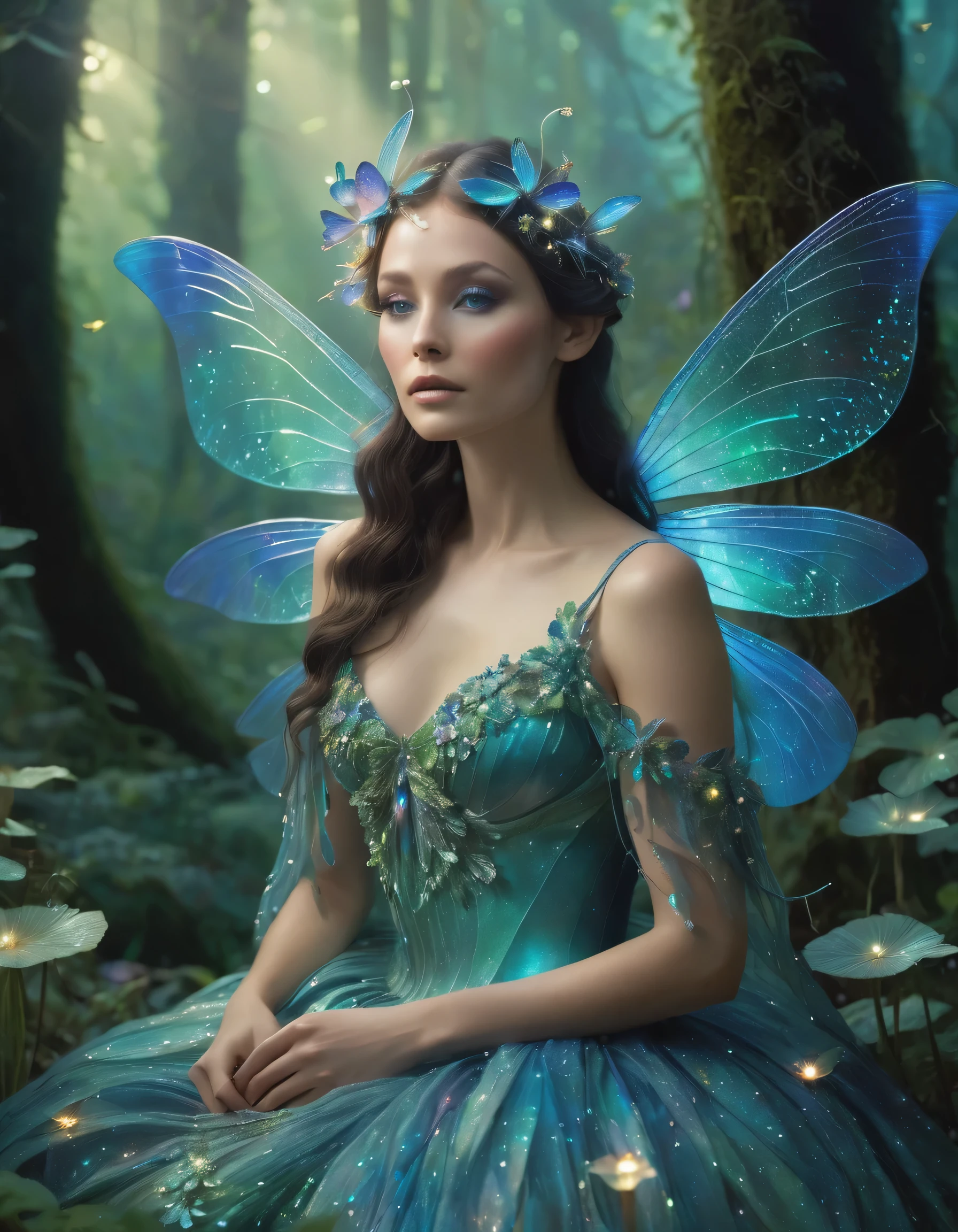 (Spellbinding fantastical portrait:1.6) A breathtakingly beautiful fairy woman with iridescent dragonfly wings and porcelain skin, adorned in an intricate couture gown of silken flower petals that shimmers with morning dew, sitting atop a toadstool in a magical forest grotto, surrounded by twinkling fireflies and glowing mushrooms, her piercing fey eyes locked in an ethereal gaze, full body framing under the soft dappled lighting filtering through the verdant canopy, shot on a medium format digital Hasselblad with an 80mm lens at f/2.8 for a shallow creamy bokeh, (subtle cool color tones:1.3), in the epic, otherworldly fairy tale style of artists Zdislaw Beksinski and Brian Froud