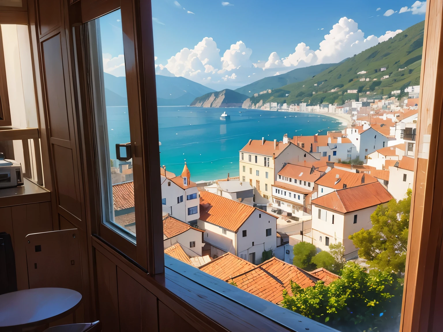 mediterranean city,  houses rising on a hillside seen through a window