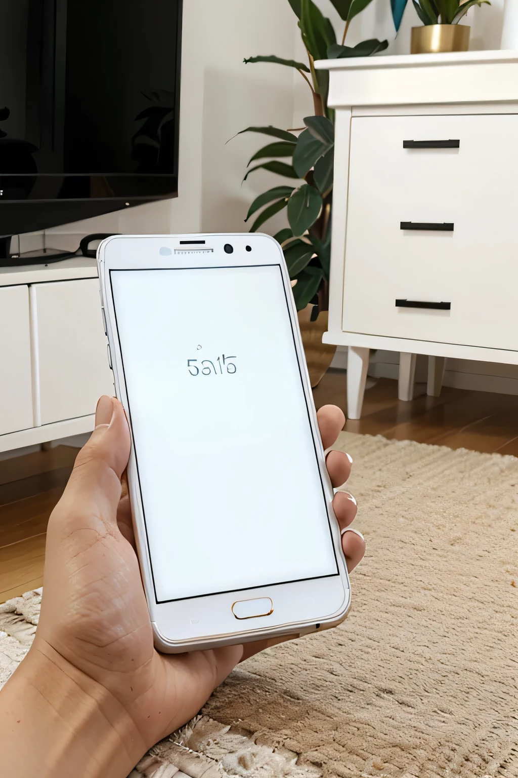 close up shot, white phone screen, A female hand holding a smartphone mockup, living room background,