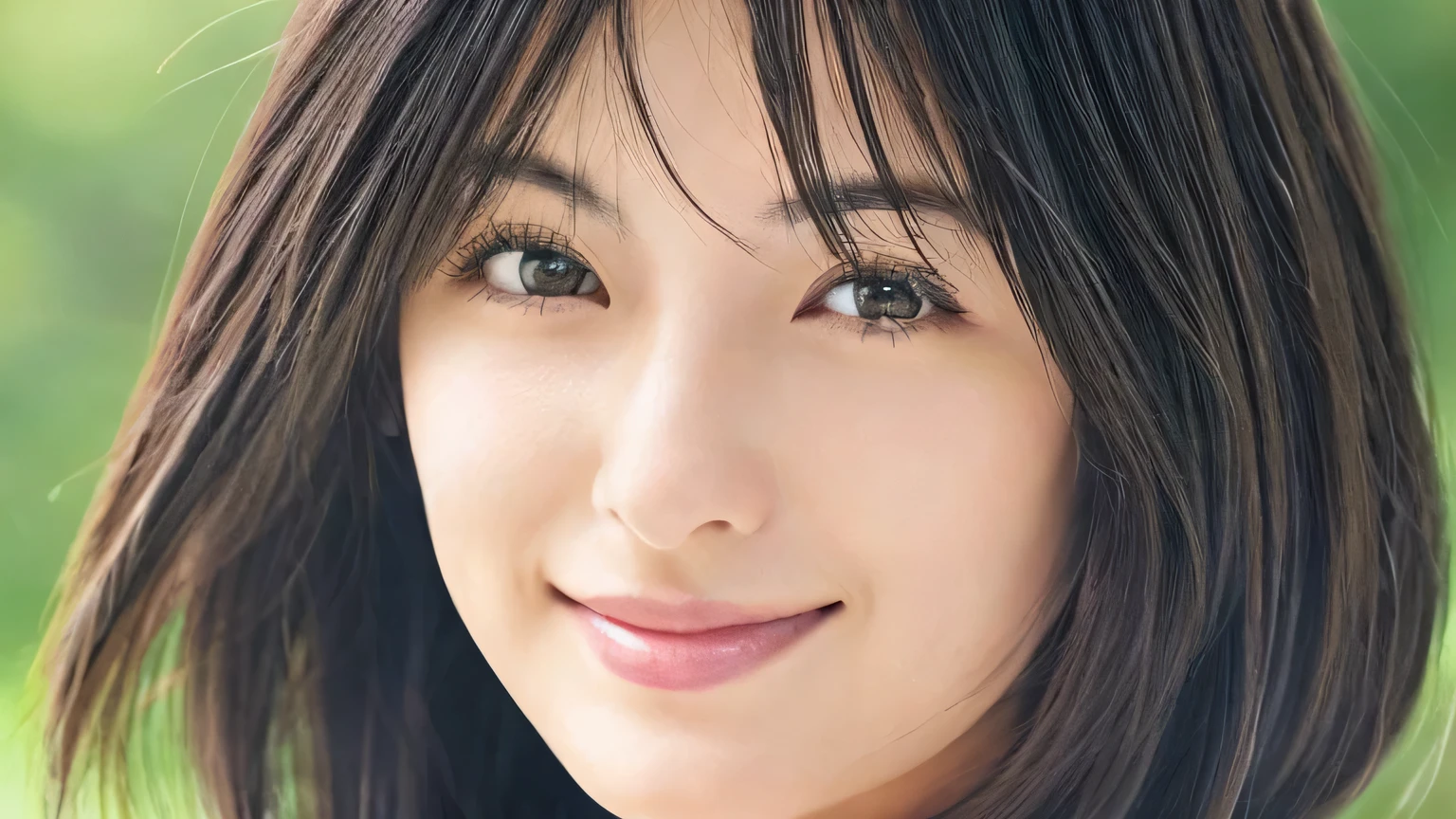 1 female、28 years old、Japanese、Adult and realistic face、calm features、beautiful hair、black hair、bob cut、My hair was messed up by the wind、fine and beautiful eyes、slanted eyes、brown eyes、dignified eyes、soft smile、gray turtleneck、face straight toward the camera、close up of face