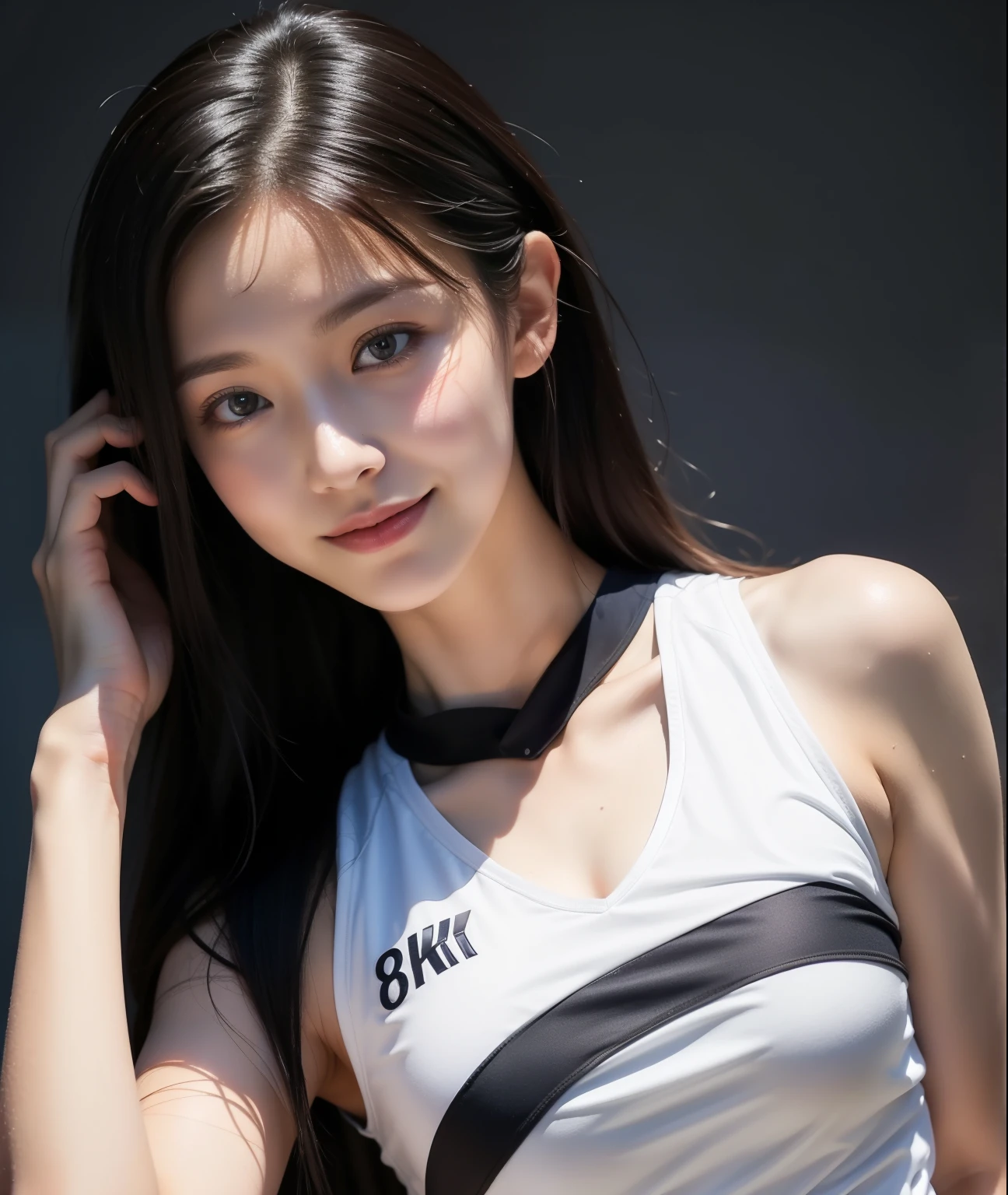 ((highest quality, 8k, masterpiece: 1.3)), beautiful, In addition, melon face, friendly and cute, cute smile, pure desire, slender body, (whole body), (tilted head), ((looking at camera)), medium black silky straight hair, flowing long shoulders, round black big eyes, clear big eyes, wet red lips, Volleyball Stadium, ((whole body撮影)), (volleyball uniform), (middle chest)