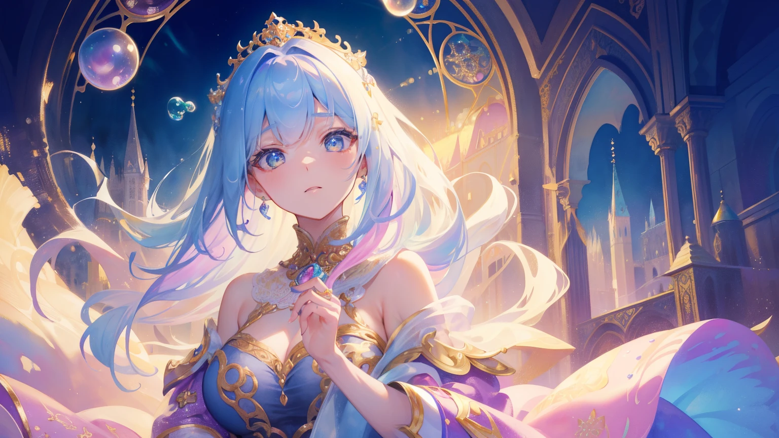 masterpiece, best quality, 8k resolution, sharp focus, intricate details, beautiful girl, Bright Eyes, golden ratio face, otherworldly liquid, watercolor, ((pastel colors)), bright colors, whimsical, rich and colorful, sharp focus, high resolution, Fine details, Princess Fantasy Prom Dress, ((round eyes)), iridescent bubbles, Castle view in the background