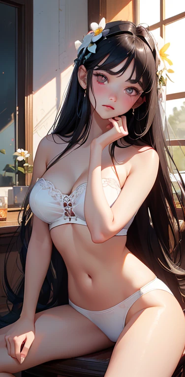 (8K、highest quality、masterpiece:1.2)、Super detailed、super resolution、Realistic、(1girl) 、(black hair)、long hair,straight hair,red eyes、forehead,sit,(face focus,cowboy shot),(white tube top white panties)、(clear face:1.3),cute face,blush、large breasts,(flower background),