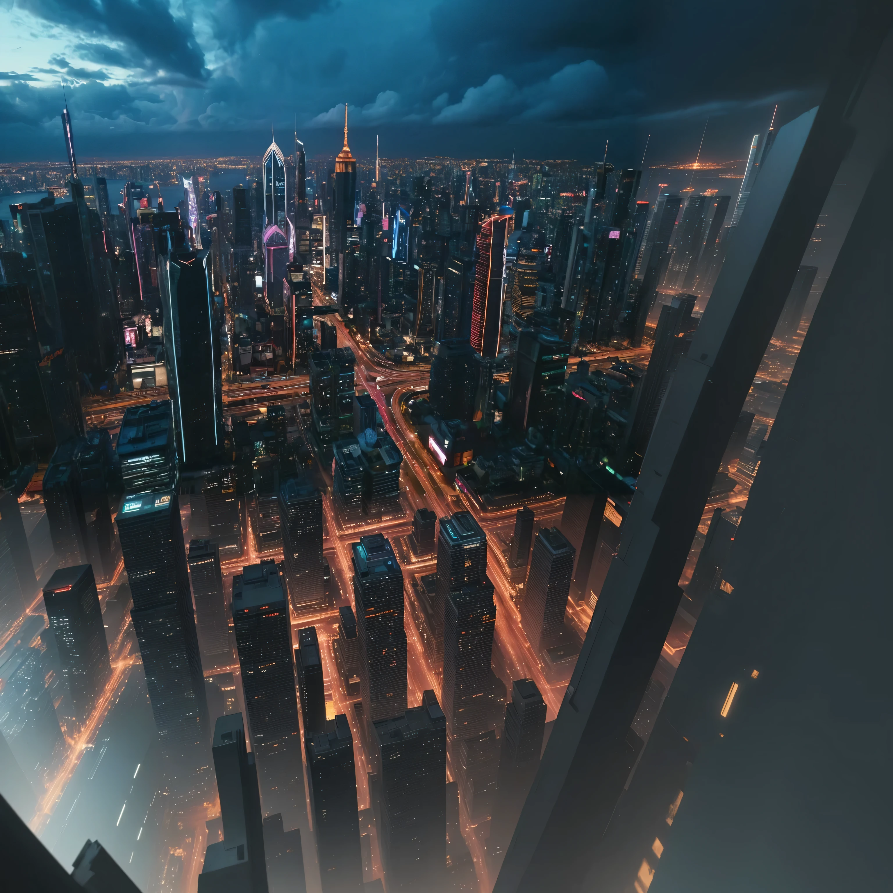 arafed view of a city at night with a lot of lights, vfx powers at night in the city, drone view of a city, aerial view of a cyberpunk city, photo of futuristic cityscape, epic lighting from above, cyberpunk city at night, dramatic lighting from above, dubai, city sunset mist neon lights, dystopian city skyline at night, night cyberpunk city