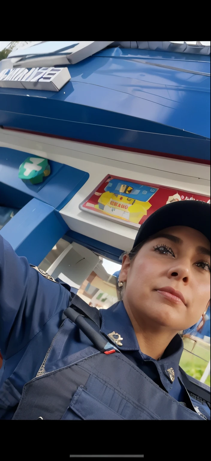 Realiza un oficial de policia femenino, usando su cara y razgos faciales, su mismo color de piel. Crea su cuerpo de forma rellenita, piernas grandes o gordibuena.