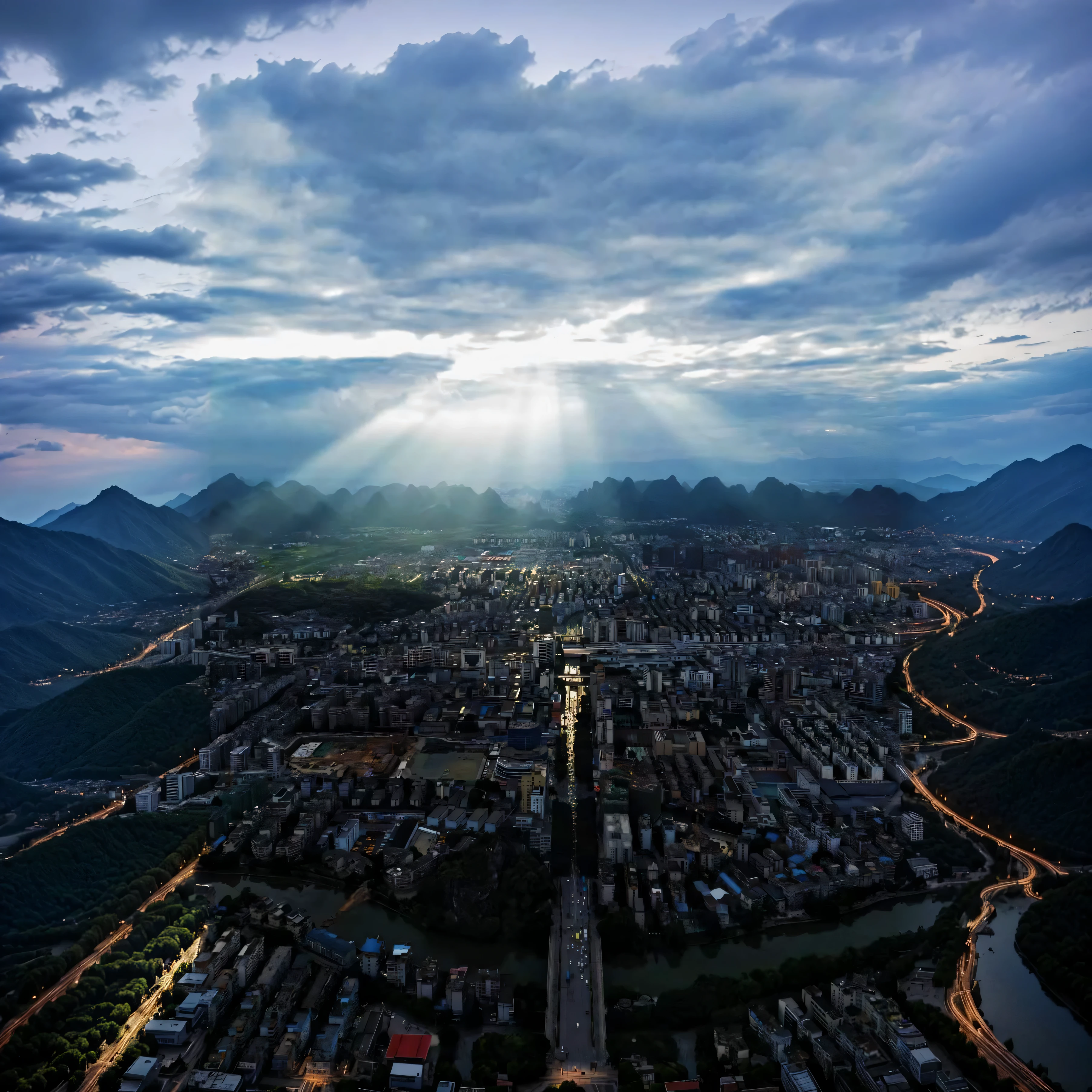 Alafid cityscape,River and mountains in the background, morning light, Guangjian, Drone overlooking the city, sha xi, aerial view of a city, hard morning light, view from above, morning sunshine, sun and shadow over a city, light from top, zhangjiajie in early morning, morning lighting, light coming through