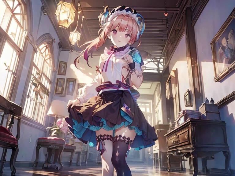 (masterpiece, absurd quality, best quality, official art, beautiful and aesthetic:1.2), 16K, cute petit girl, extreme detailed, digital art, colorful, highest detailed, vivid color, (transform sequence), babyface, cinematic lighting, (from below:1.5), dynamic angle, landscape, (dirty clothes:1.5), scenery, (soro:1.5), (1girl:1.5), (indoors:1.5), bedroom, lamp, (hotel room:1.3), pink hair, large breasts, thighhighs, escha malier, charescha (extreme detailed lips:1.3), eyelashes, extremely detailed face, (perfect legs, perfect hands, perfect ???????：1.1), depth of field, dappled sunlight, beautiful lighting, chibi, (floating hair:1.3), detailed skin, shiny, (suspended:1.5), (Uplifting:1.5), (sexual feeling:1.0), shiny skin, shiny hair, shiny face, shiny skin, (voluminous frills skirt,:1.5) ,(voluminous panniers in skirt:1.5), (orgasm face:1.2), disheveled clothes, (upper body:1.5), (happy:1.5), from front, (small breasts:1.5), (clothed:1.3),