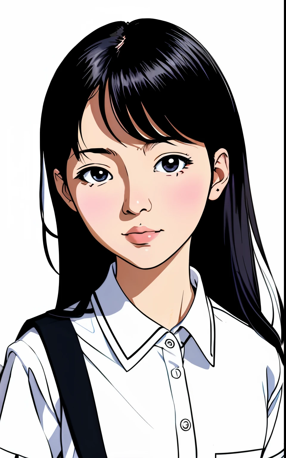 Inspired by Hisashi Eguchi's artwork、(lineart_anime),(black-and-white),hi-school girl、high-school uniform,No background_with a pure white background,simple background,up of face