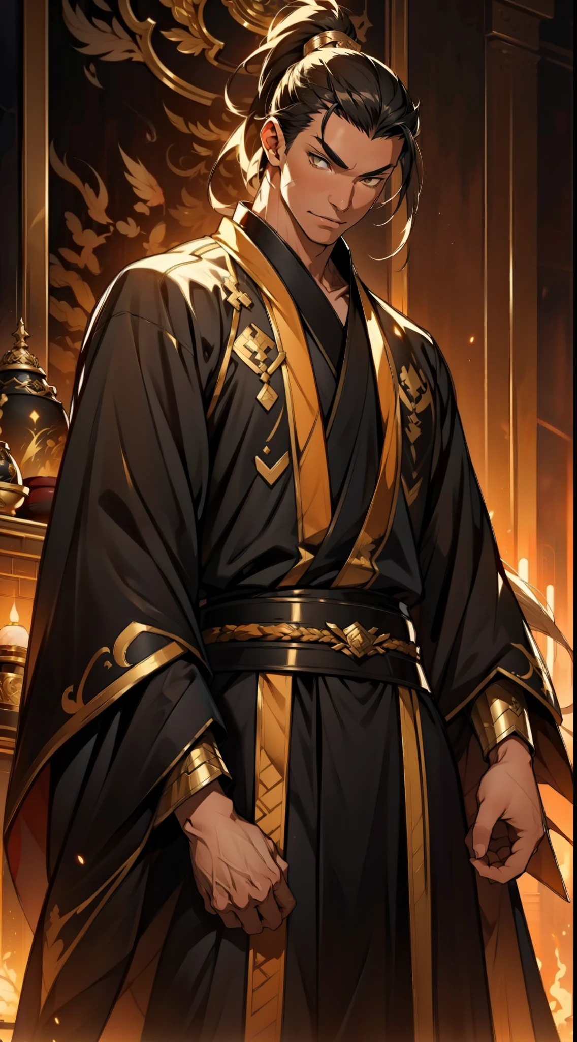 one person（male warrior），proportions are correct，facial details，swordsman，high ponytail hairstyle，neck detail，Have an Adam&#39;s apple，Black and gold robe，joke，Black and gold robe，clothing details，Hand over，long sleeves，Game quality，fencing，Ray tracing，Ray tracing，Detailed glow，CG rendering，hair details，Long black and blond hair，Black-gold eyes，Handsome，Handsome，（Youthful feeling），Costumes are complicated，Perfect composition，refine，high quality，higher details，many details，Complex background，a sense of atmosphere，