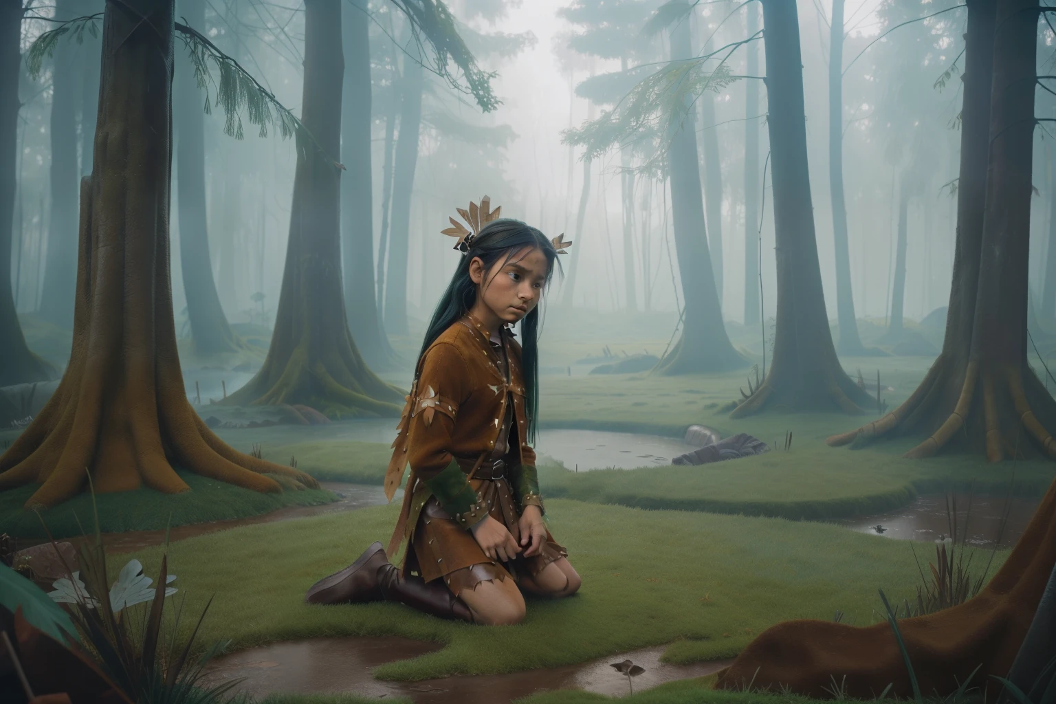 Fairytale Kingdom of Fantasia. ((((10-year-old)) Atreyu)), olive-green skin, athletic, brave, wise, kneeling down, in the foggy sadness swamp, ((exhausted expression)). ((((suede and leather indigenous clothings)))), ((bluish-black hairstyle))