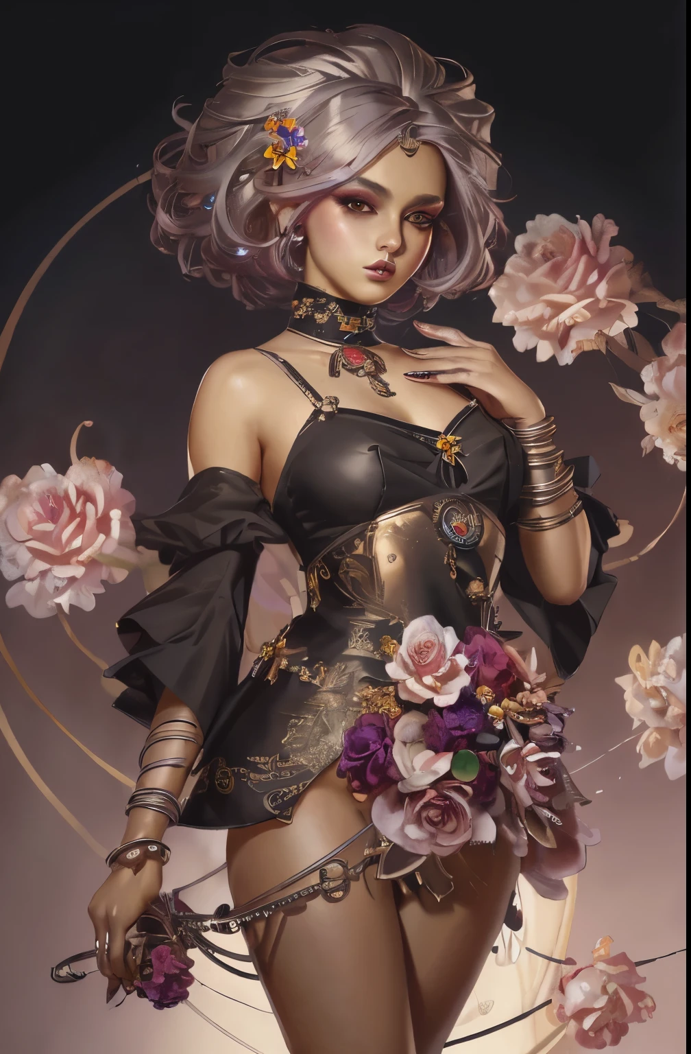 ((masterpiece)), (best quality), official art, extremely detailed CG, unity 8k wallpaper, ultra detailed,
fashion_girl, colorful hair, jewelry, flower, bold makeup, silver theme, deep shadow, dimly lit, shade,
portrait, (upper body:1.5), (full body:1.5),