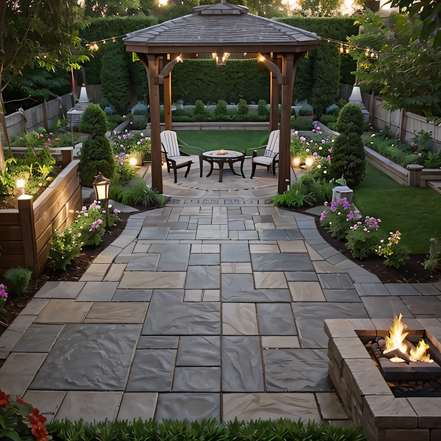 A lush garden and backyard with various elements such as Patio, Deck, Gazebo, Arbor, Pergola, and more.
