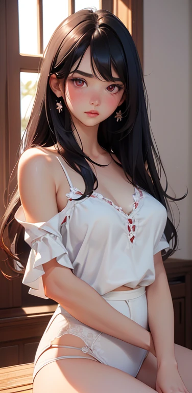 (8K、highest quality、masterpiece:1.2)、Super detailed、super resolution、Realistic、(1girl) 、(black hair)、long hair,straight hair,red eyes、forehead,sit,(face focus,cowboy shot),(white camisole white panties)、(clear face:1.3),cute face,blush、large breasts,(background flower ),