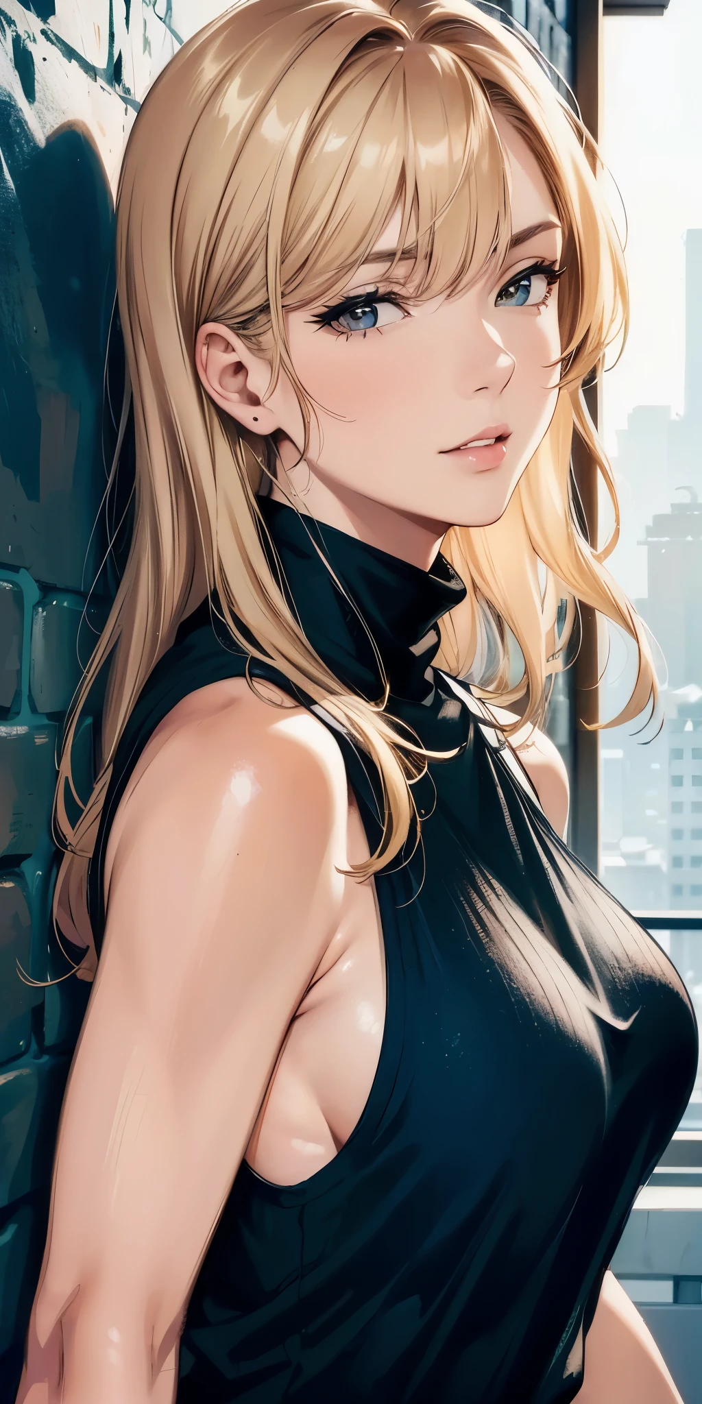 (best quality, highres), portrait, upper body, cool type adult woman, long hair, swept-side bangs, [[[brown hair]]], blonde hair, brown eyes, turtle neck tank top, big breast, plain wall, ultra detailed cg,
 