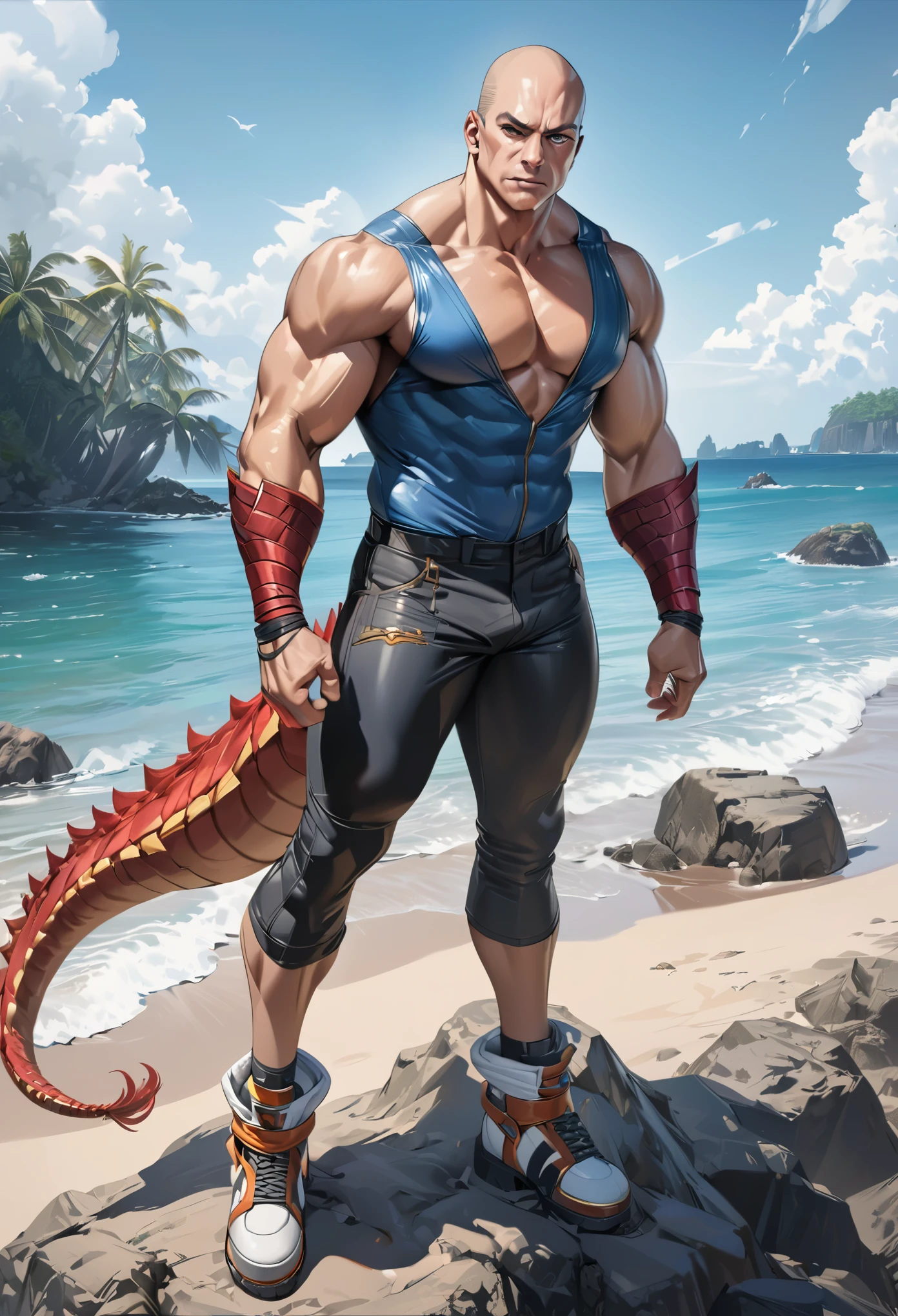 Best quality 8K resolution, highly detailed, digital painting, concept art, of the highest quality, one, handsome, 1 male, adult male, with athletic body, V-shaped body, detailed casual clothes, black demonic horns, short hair, black hair, purple with red tones reptilian eyes, on Beach background, bright light