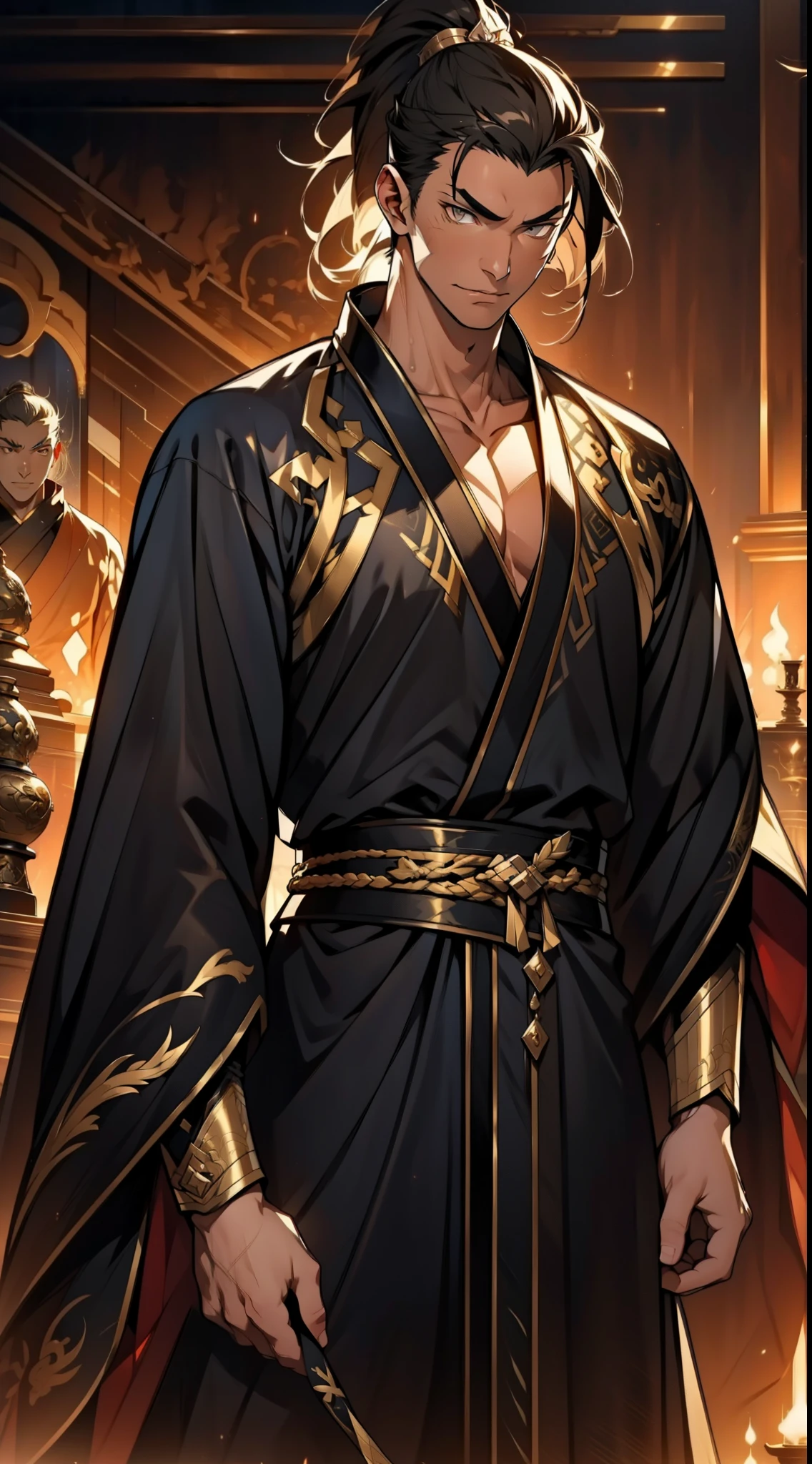 one person（male warrior），proportions are correct，facial details，swordsman，high ponytail hairstyle，neck detail，Have an Adam&#39;s apple，Black and gold robe，joke，Black and gold robe，clothing details，Hand over，long sleeves，Game quality，fencing，Ray tracing，Ray tracing，Detailed glow，CG rendering，hair details，Long black and blond hair，Black-gold eyes，Handsome，Handsome，（Youthful feeling），Costumes are complicated，Perfect composition，refine，high quality，higher details，many details，Complex background，a sense of atmosphere，