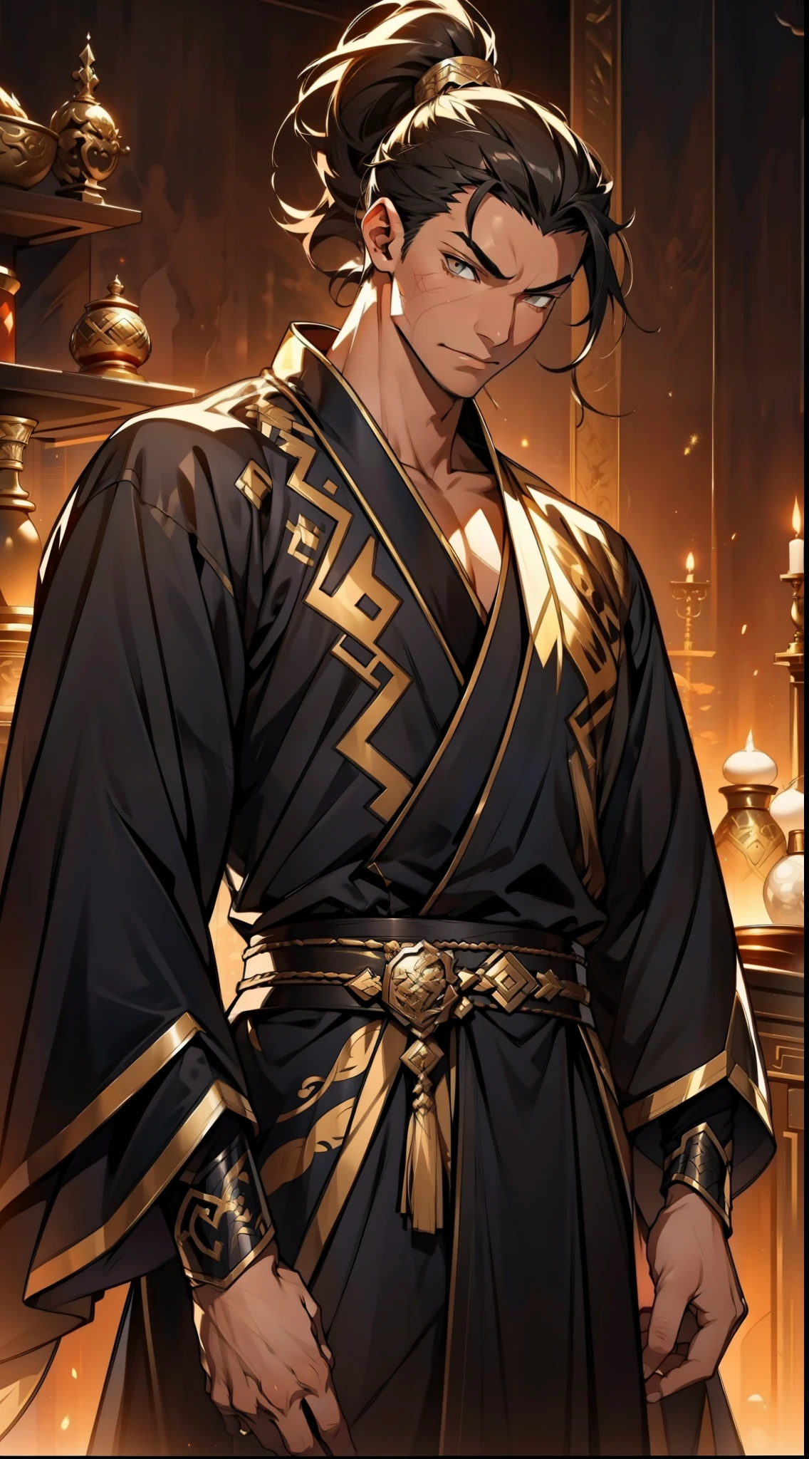 one person（male warrior），proportions are correct，facial details，swordsman，high ponytail hairstyle，neck detail，Have an Adam&#39;s apple，Black and gold robe，joke，Black and gold robe，clothing details，Hand over，long sleeves，Game quality，fencing，Ray tracing，Ray tracing，Detailed glow，CG rendering，hair details，Long black and blond hair，Black-gold eyes，Handsome，Handsome，（Youthful feeling），Costumes are complicated，Perfect composition，refine，high quality，higher details，many details，Complex background，a sense of atmosphere，