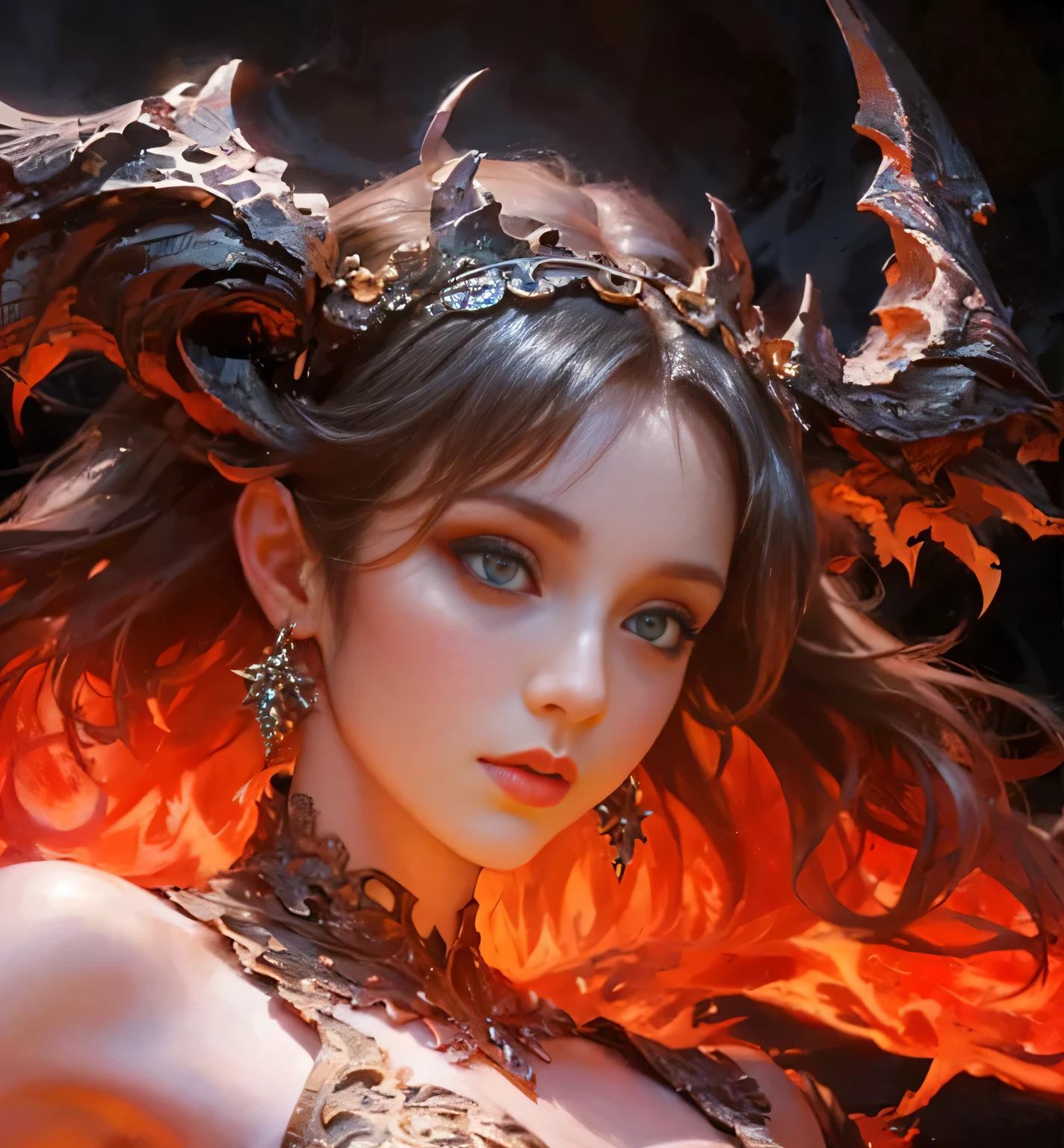 a woman with a crown and horns is posing for a picture, by Yang J, fantasy art style, beautiful character painting, beautiful elegant demon queen, epic fantasy art style hd, 8k high quality detailed art, fanart best artstation, digital fantasy art ), trending on cgstation, holy flame crown spell, the dragon girl portrait, hyperdetailed fantasy character