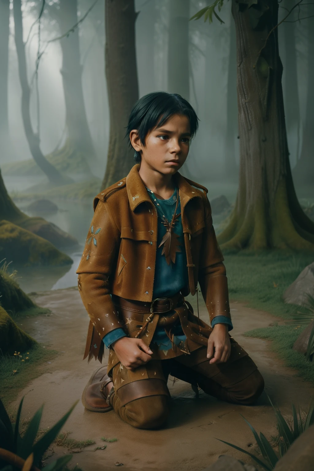Fairytale Kingdom of Fantasia. ((((-yeld)) eyu)), olive-green skin, athletic, brave, wise, on his knees, in the foggy sadness swamp, ((exhausted expression)). ((((suede and leather indigenous clothings)))), ((bluish-black hairstyle))