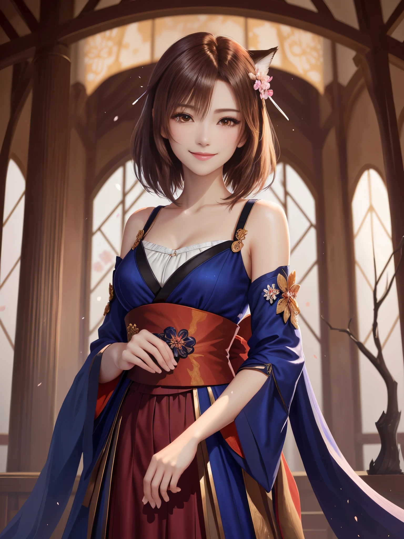 masterpiece , best quality,smile,smile,small face,shoulder exposure,less cleavage exposure,light brown hair,beautifully curled hair,slender body shape,brown eyes,sharp contrast,short hair,Beautiful short hair,Berry Short,short cut hair,just one person,precision quality,Faithfully reproduced eyes, The surroundings are shining gold,一面に咲くcherry blossom background,snow scene,masterpiece, 幻想的なcherry blossom background,night,nightの背景,cherry blossom background,beautiful details, colorful, delicate details, delicate lips, intricate details, genuine, ultrargenuineista, 枝に座っている色とりどりの髪のFoxを持つ女の子:Mature, bright eyes, ,色とりどりのFox, raposa de nine tails, 三尾Fox, 三尾Fox, onmyoji detail art, beautiful fine art illustration, mythical creatures, Fox, beautiful digital art,shrine maiden,hold hands,exquisite digital illustration, mizutsune, Inspired by mythical wild web creatures, pixiv in digital art, shining light, high contrast, Mysterious,