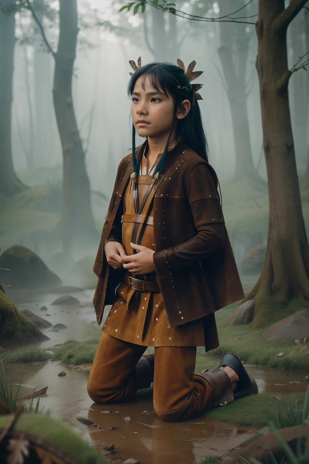 Fairytale Kingdom of Fantasia. ((((-yeld)) eyu)), olive-green skin, athletic, brave, wise, kneeling down, in the foggy sadness swamp, ((exhausted expression)). ((((suede and leather indigenous clothings)))), ((bluish-black hairstyle))