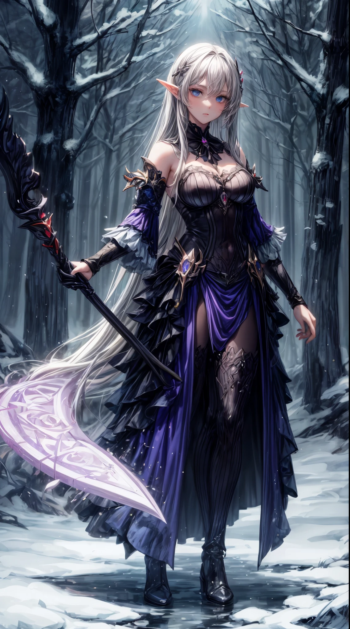 masterpiece,highest quality,Ultra high definition, Under the moonlight, a dark elf warrior stands quietly in a deep forest. Her silver hair blends into the darkness of the night, and her cold blue eyes stare into the distance. Her skin is pale, her ears long and pointed, and she is clad in black and purple. In her hand she holds a crafted black bow, and behind her stands a stone monument inscribed with ancient runes. Silence surrounds her, and her presence alone gives the forest a powerful impression, He is poised with the staff of darkness