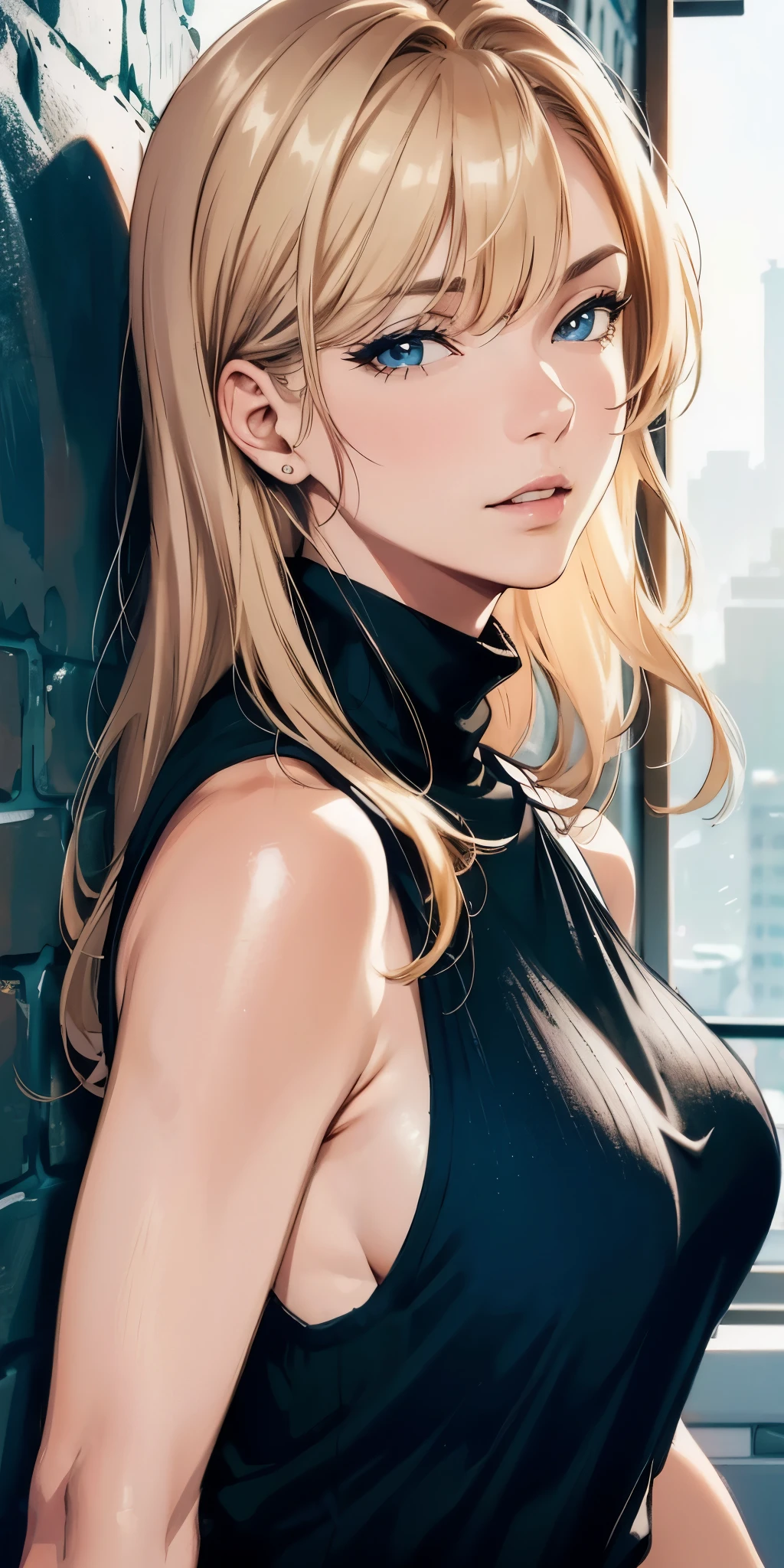 (best quality, highres), portrait, upper body, cool type adult woman, long hair, swept-side bangs, [[[brown hair]]], blonde hair, brown eyes, turtle neck tank top, big breast, plain wall, ultra detailed cg,
 