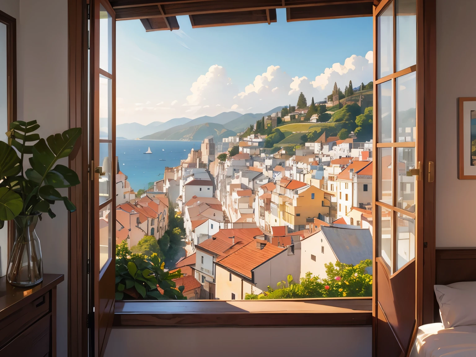 mediterranean city, houses rising on a hillside seen through a window