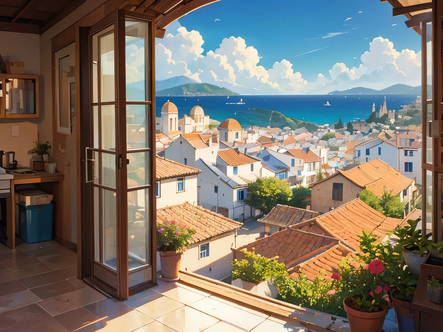 mediterranean city, houses rising on a hillside seen through a window