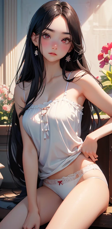 (8K、highest quality、masterpiece:1.2)、Super detailed、super resolution、Realistic、(1girl) 、(black hair)、long hair,straight hair,red eyes、forehead,sit,(face focus,cowboy shot),(white camisole white panties)、(clear face:1.3),cute face,blush、large breasts,(background is flowers only ),