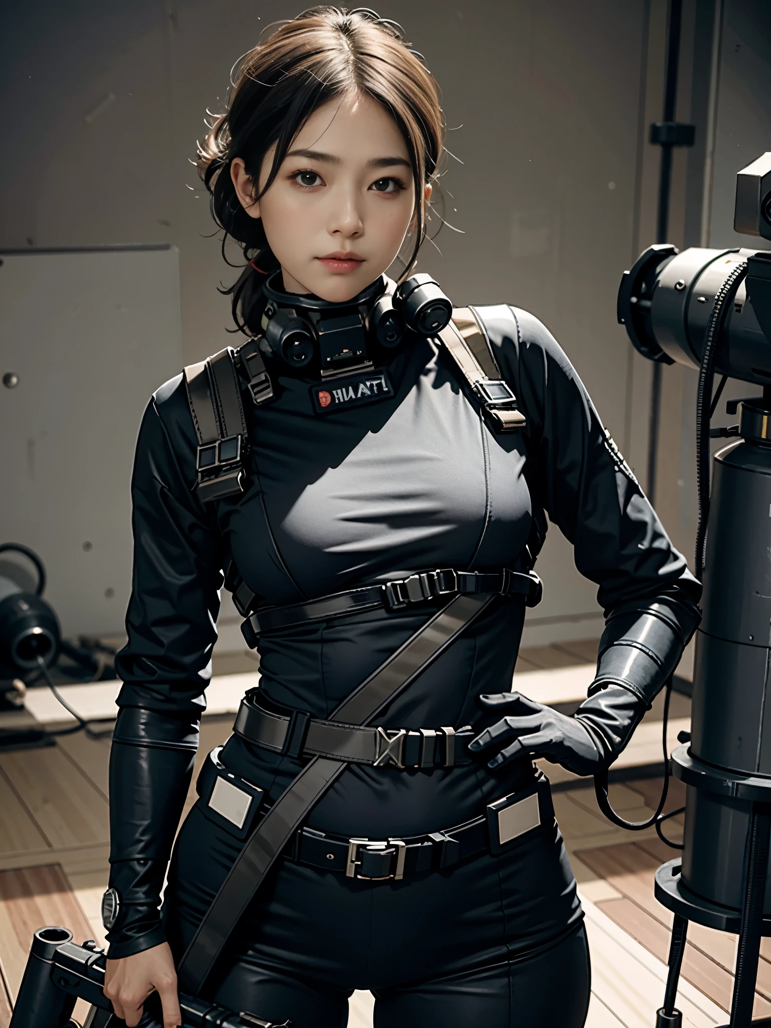 Highest image quality, outstanding details, ultra-high resolution, (realism: 1.4), ((close up:0.75)), highly condensed 1 lady, with beautiful and a delicate face, perfect proportion, aiming the viewer, ((aiming the viewer)), (chubby:0.3, small breasts), (cloths color base ratio black:0.4 white:0.5 other-color:0.1), (wearing rash-guard likes police uniform, black and gray mecha, wearing high-tech heavy gasmask, military harness, holding a machinegun, carrying hich-tech-flamethrower -tank on back), captain, background simple gray wall,
