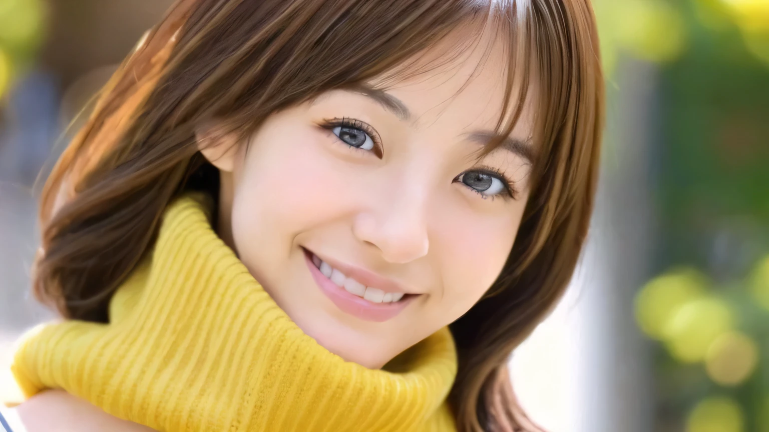 1 female、28 years old、Japanese、Adult and realistic face、gentle features、beautiful hair、brown hair、shortcut、fine and beautiful eyes、brown eyes、big slanted eyes, Are you okay、A big smile full of softness、Yellow turtleneck、face straight toward the camera、
