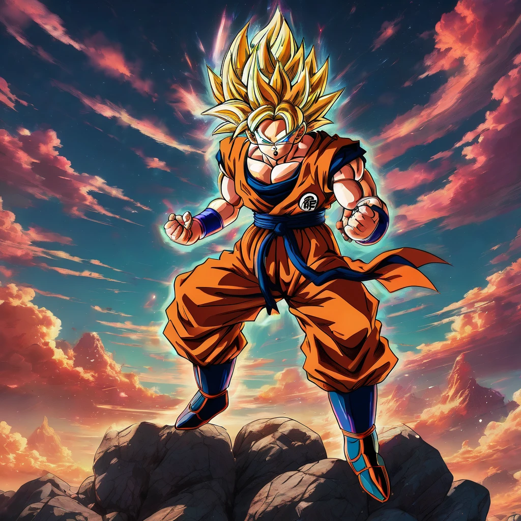 Dragonball, aesthetic, extremely detailed, best quality, 4k, vibrant colors, dynamic poses, intense action, nostalgic, epic battles, martial arts, energy blasts, iconic characters, super saiyan transformations, powerful aura, mythical creatures, cosmic landscapes, dramatic lighting, anime style, immersive world-building, power levels, high-flying acrobatics.