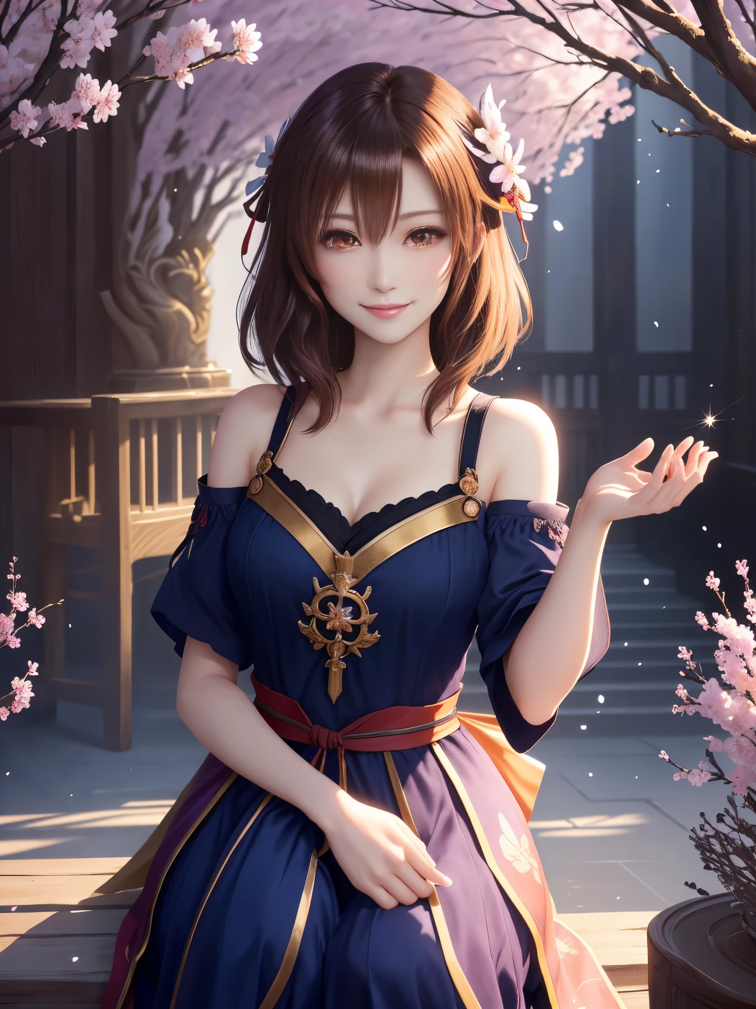 masterpiece , best quality,smile,smile,small face,shoulder exposure,less cleavage exposure,light brown hair,beautifully curled hair,slender body shape,brown eyes,sharp contrast,short hair,Beautiful short hair,Berry Short,short cut hair,just one person,precision quality,Faithfully reproduced eyes, The surroundings are shining gold,一面に咲くcherry blossom background,snow scene,masterpiece, 幻想的なcherry blossom background,night,nightの背景,cherry blossom background,beautiful details, colorful, delicate details, delicate lips, intricate details, genuine, ultrargenuineista, 枝に座っている色とりどりの髪のFoxを持つ女の子:Mature, bright eyes, ,色とりどりのFox, raposa de nine tails, 三尾Fox, 三尾Fox, onmyoji detail art, beautiful fine art illustration, mythical creatures, Fox, beautiful digital art,shrine maiden,hold hands,exquisite digital illustration, mizutsune, Inspired by mythical wild web creatures, pixiv in digital art, shining light, high contrast, Mysterious,