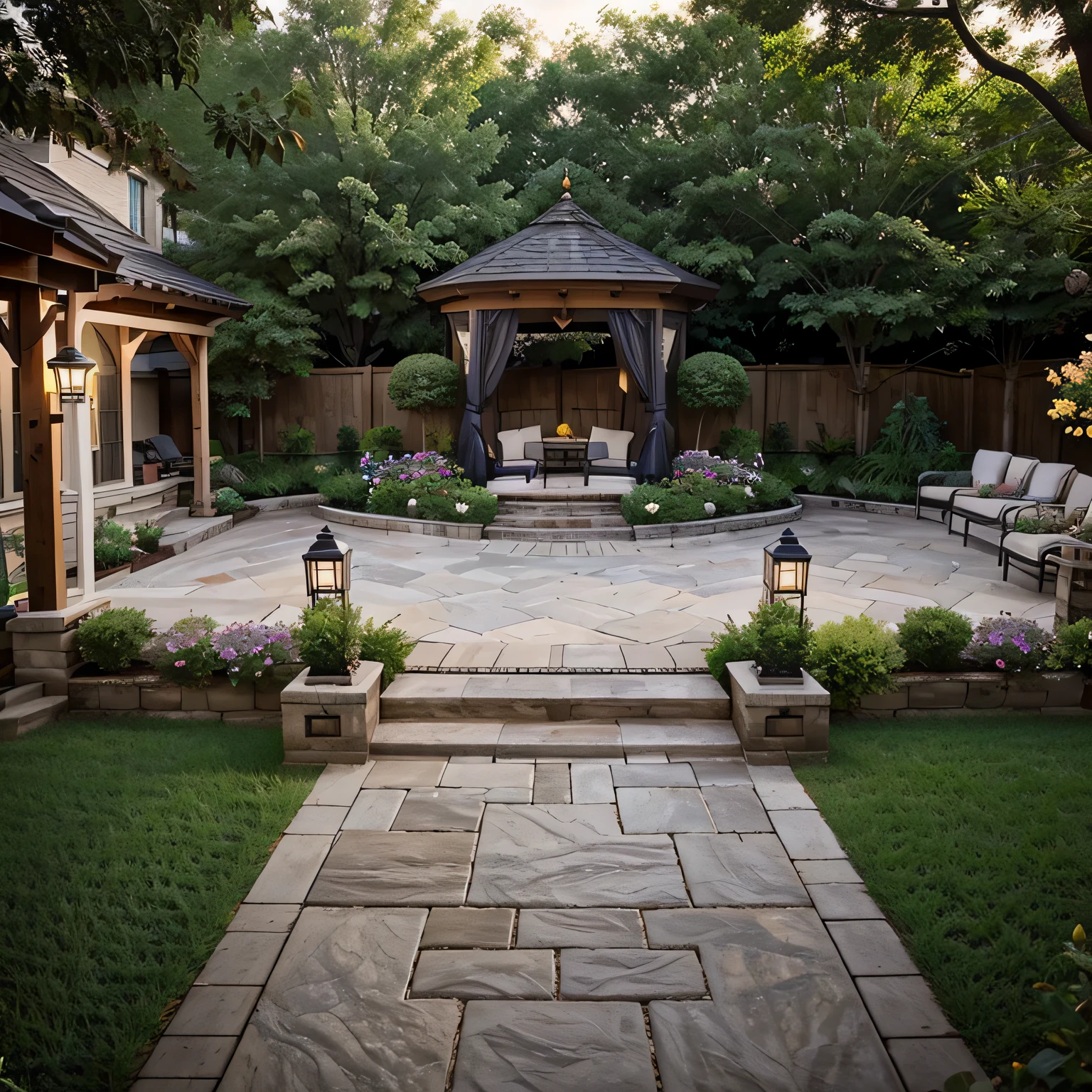 A lush garden and backyard with various elements such as Patio, Deck, Gazebo, Arbor, Pergola, and more. Patio
