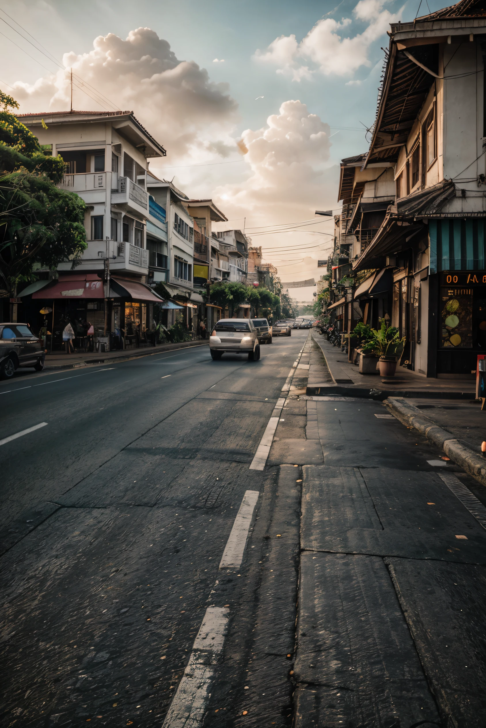 background, Jalan Kuta Bali, tourists, restaurants, cafes, hotels, along the road, big roads, (very detailed), (realistic), (high quality), depth of field, professional photographer, cinematic lighting, (intricate details), hdr, smooth, 16k