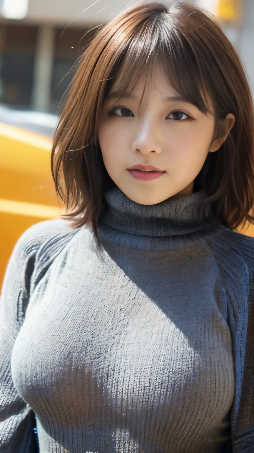 (((1girl)))((best qualtiy, 8K, tmasterpiece:1.3)),((Sharp:1.2, perfect figure beautiful woman:1.4, Slim abs:1.2)), ((Layered Hair Style, huge tit:1.3)),((Highly detailed facial and skin texture,A detailed eye,Black eye,double eyelid, droopy eyes)),(japan girl:1.5)(Brown Hair,Bob Cut)(gray Turtleneck sweater:1.8),(japan street:1.3)(upper body:1.3)