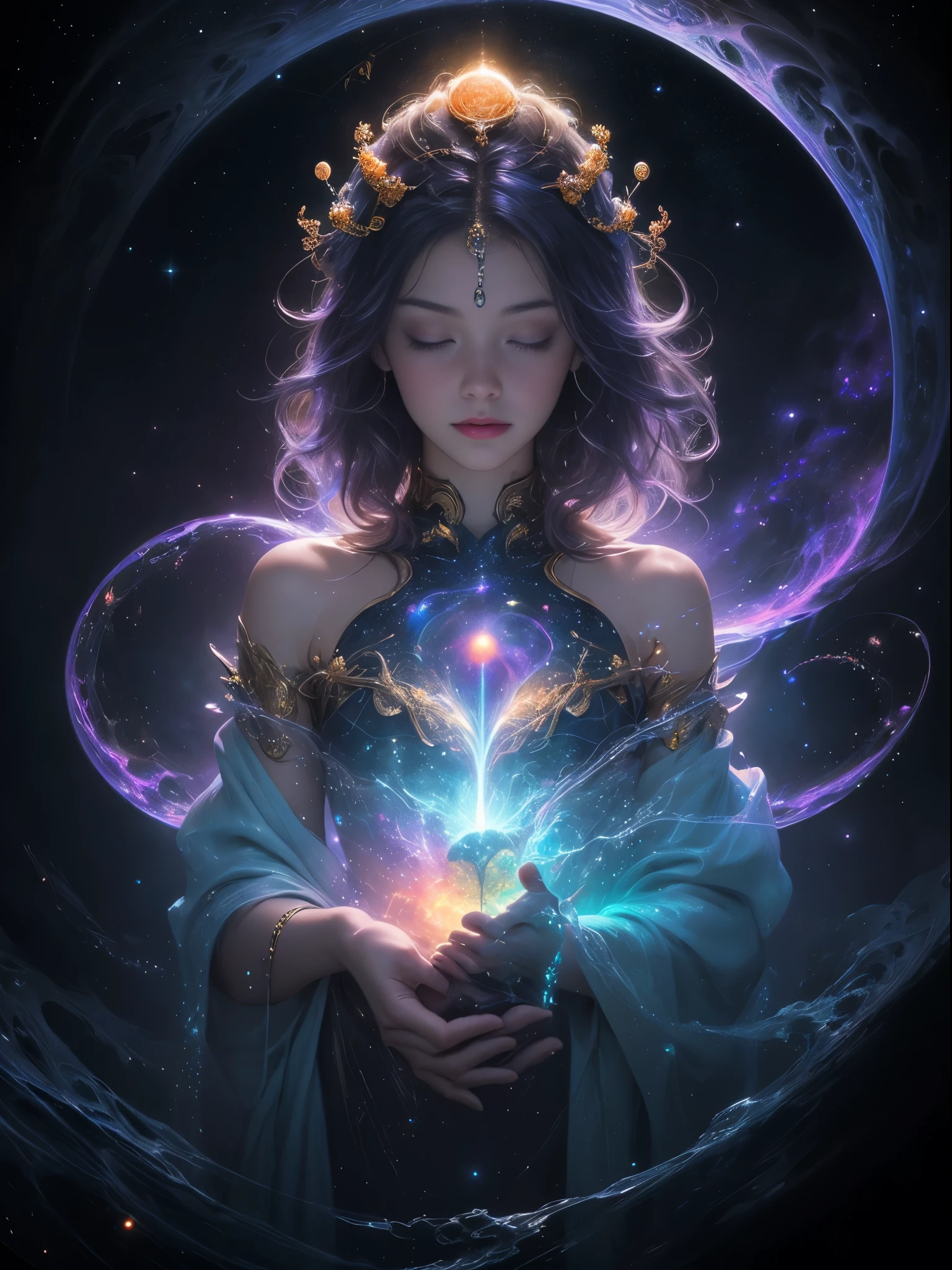 (highest quality,High resolution:1.2),beautiful masterpiece:1.2, Human creativity and the eternal soul、Flowing together in an ethereal realm。, interconnectivity, flowing energy, spiritual, dream-like, cosmic, concept art, awe-inspiring, sacred, pineal gland, surreal,milky way galaxy