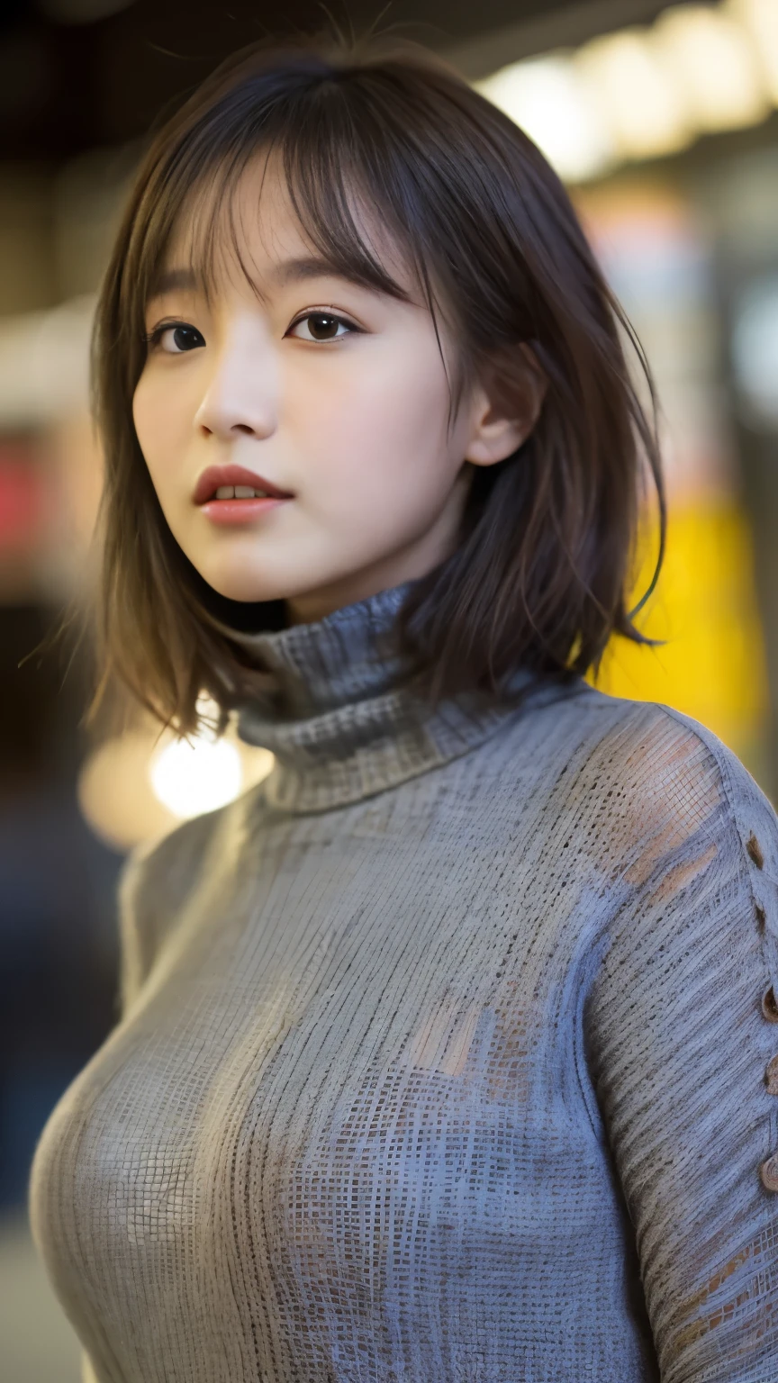 (((1girl)))((best qualtiy, 8K, tmasterpiece:1.3)),((Sharp:1.2, perfect figure beautiful woman:1.4, Slim abs:1.2)), ((Layered Hair Style, huge tit:1.3)),((Highly detailed facial and skin texture，A detailed eye，Black eye,double eyelid, droopy eyes)),(japan girl:1.5)(Brown Hair,Bob Cut)(gray Turtleneck sweater:1.8),(japan street:1.3)(profile:1.3)