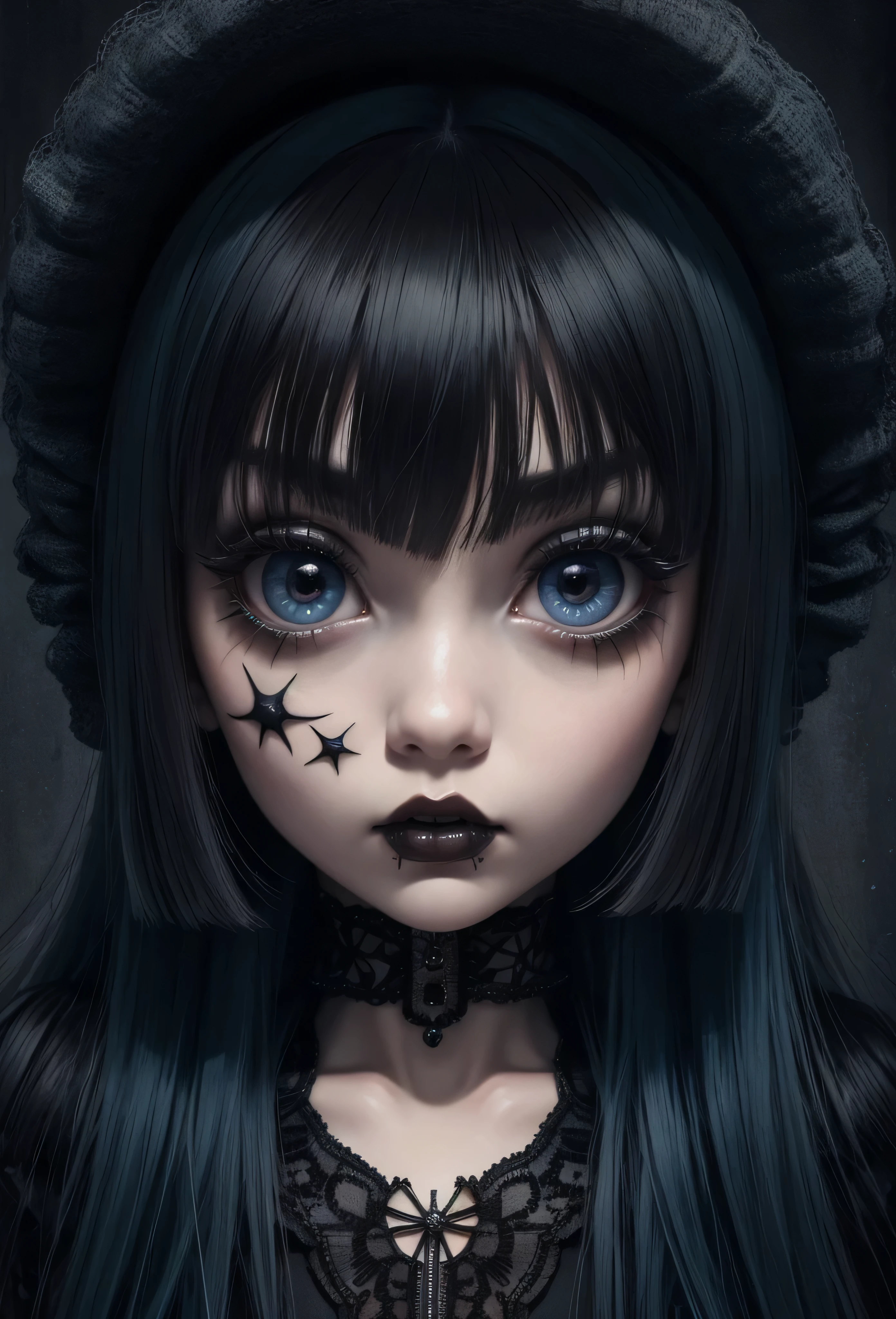 cuadro de una mujer pelirroja y delineador de ojos negro, punk doll, inspirado por Mab Graves, inspirado en Nara Yoshitomo, gothic girl, large eyes with eyelashes, Ojos grandes detallados, gothic girl face, gothic girl, goth face, Creepy Gothic portrait, inspirado en Mark Ryden, Surrealismo pop vulgar, inspirado por Margaret Keane