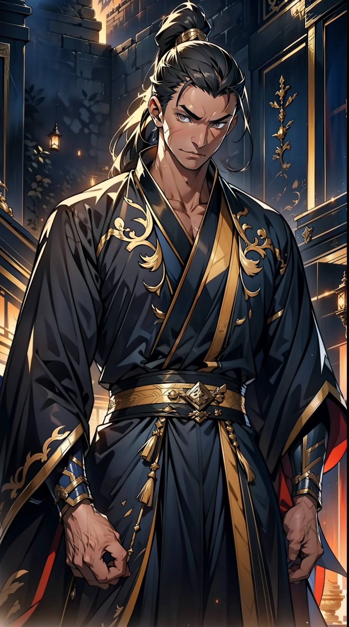 one person（male warrior），proportions are correct，facial details，swordsman，high ponytail hairstyle，neck detail，Have an Adam&#39;s apple，Black and gold robe，joke，Black and gold robe，clothing details，Hand over，long sleeves，Game quality，fencing，Ray tracing，Ray tracing，Detailed glow，CG rendering，hair details，Long black and blond hair，Black-gold eyes，Handsome，Handsome，（Youthful feeling），Costumes are complicated，Perfect composition，refine，high quality，higher details，many details，Complex background，a sense of atmosphere，