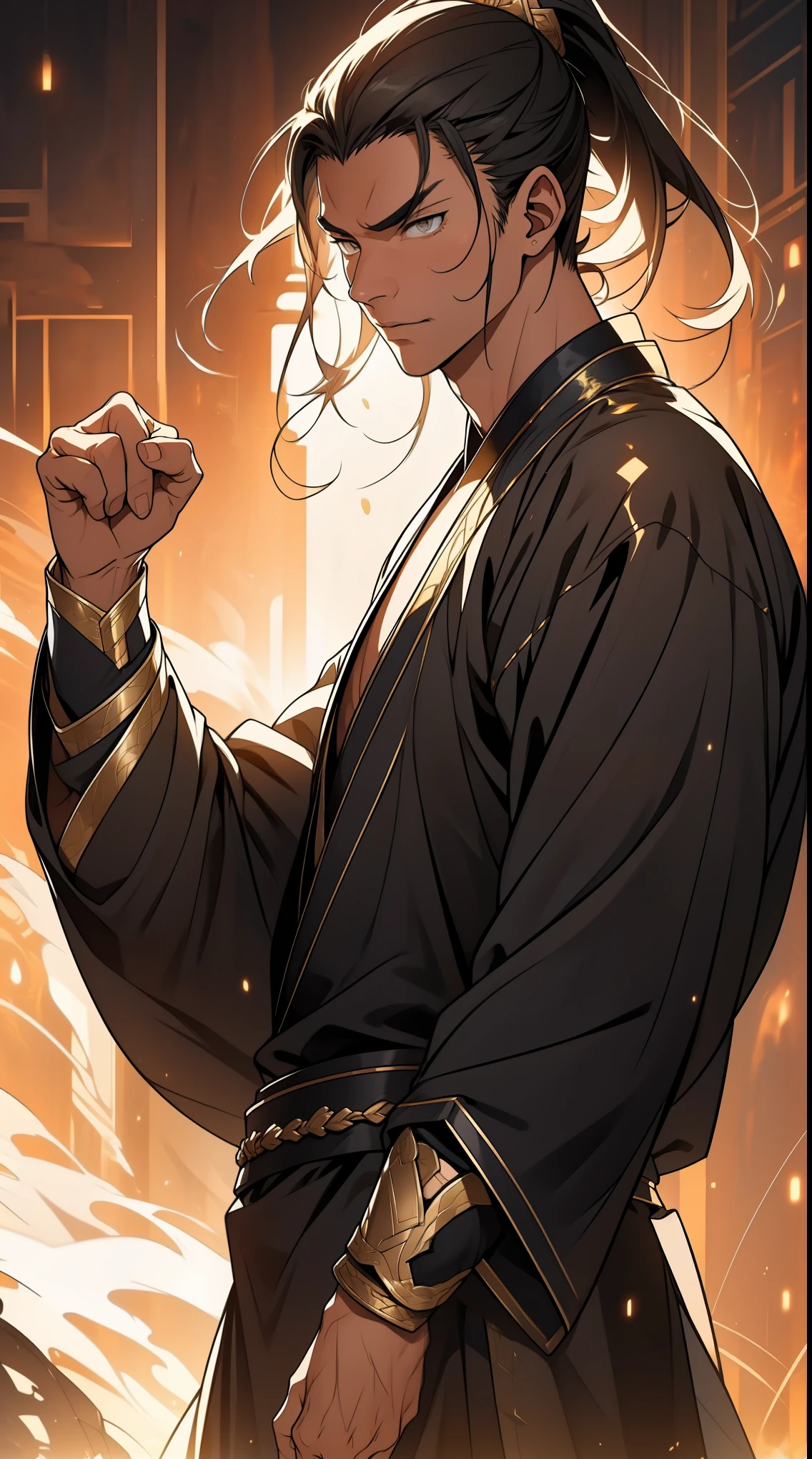 one person(male warrior),proportions are correct,facial details,swordsman,high ponytail hairstyle,neck detail,Have an Adam's apple,Black and gold robe,joke,Black and gold robe,clothing details,Hand over,long sleeves,Game quality,fencing,Ray tracing,Ray tracing,Detailed glow,CG rendering,hair details,Long black and blond hair,Black-gold eyes,Handsome,Handsome,(Youthful feeling),Costumes are complicated,Perfect composition,refine,high quality,higher details,many details,Complex background,a sense of atmosphere,