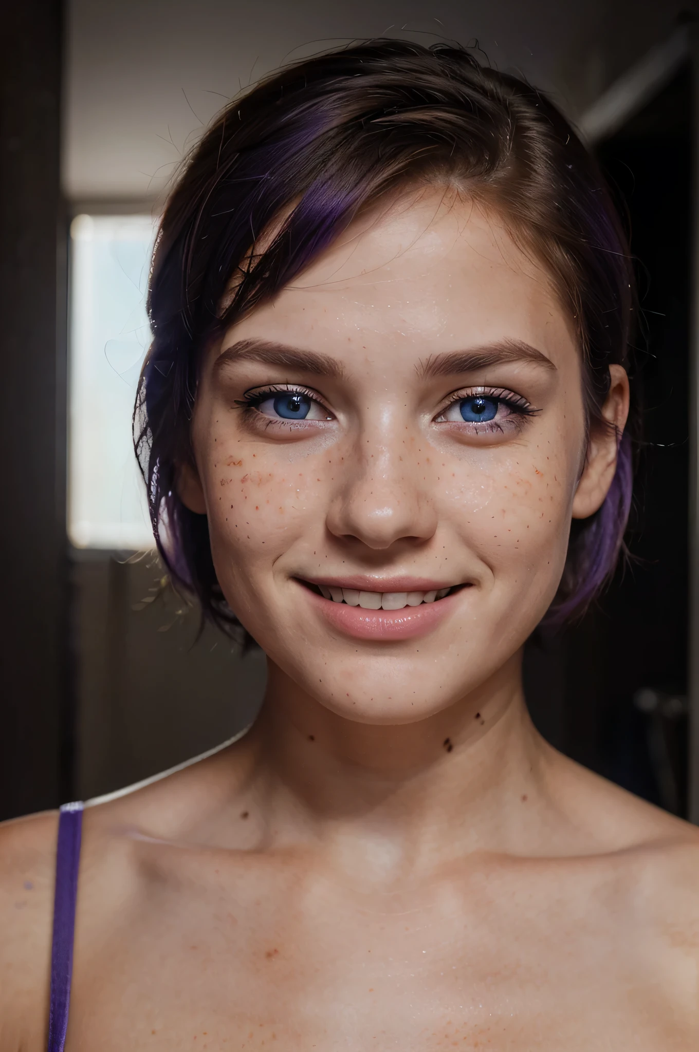 A smiling young lady with blue eyes and too light freckles on the only face with purple short hair, photography, portrait, realistic