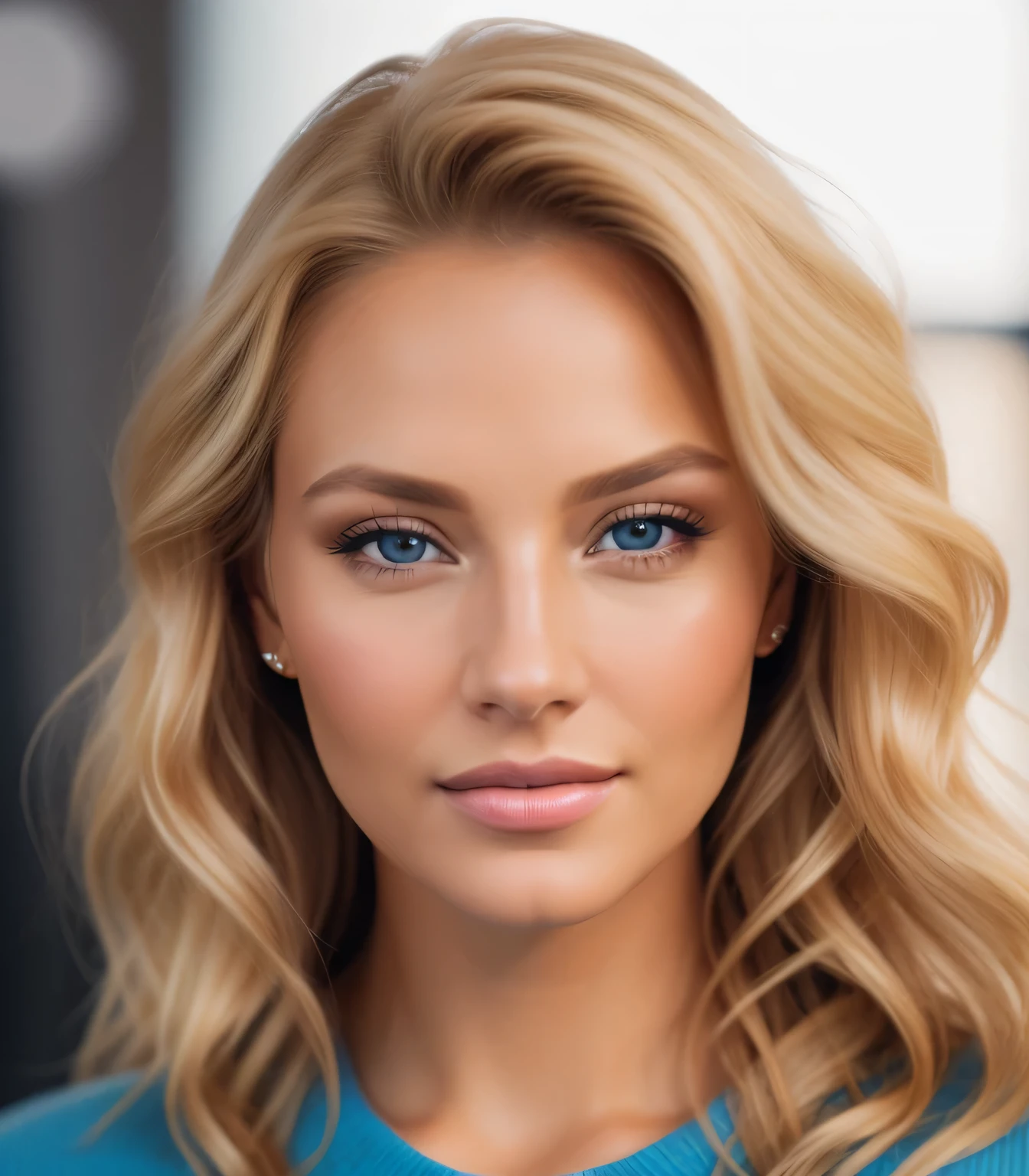 Golden blonde looking at viewer and posing for photo in studio, photographic, Ultra-realistic 8K, Computer Graphics Society, ultra detailed, sharp focus, Realistic background, natural light, portrait, diamond shape with high cheekbones, Brown eyes, softly arched eyebrow, middle nose, heavy lower lip,